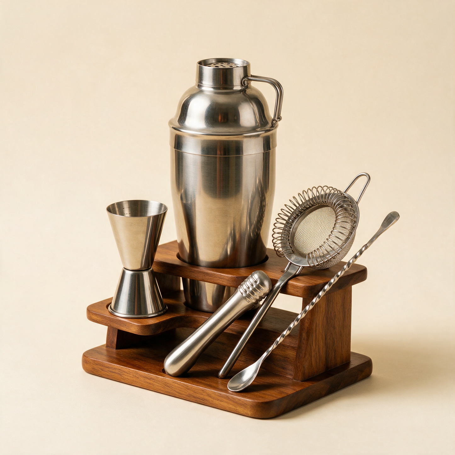 The Mixologist complete cocktail set on wooden stand at an angle