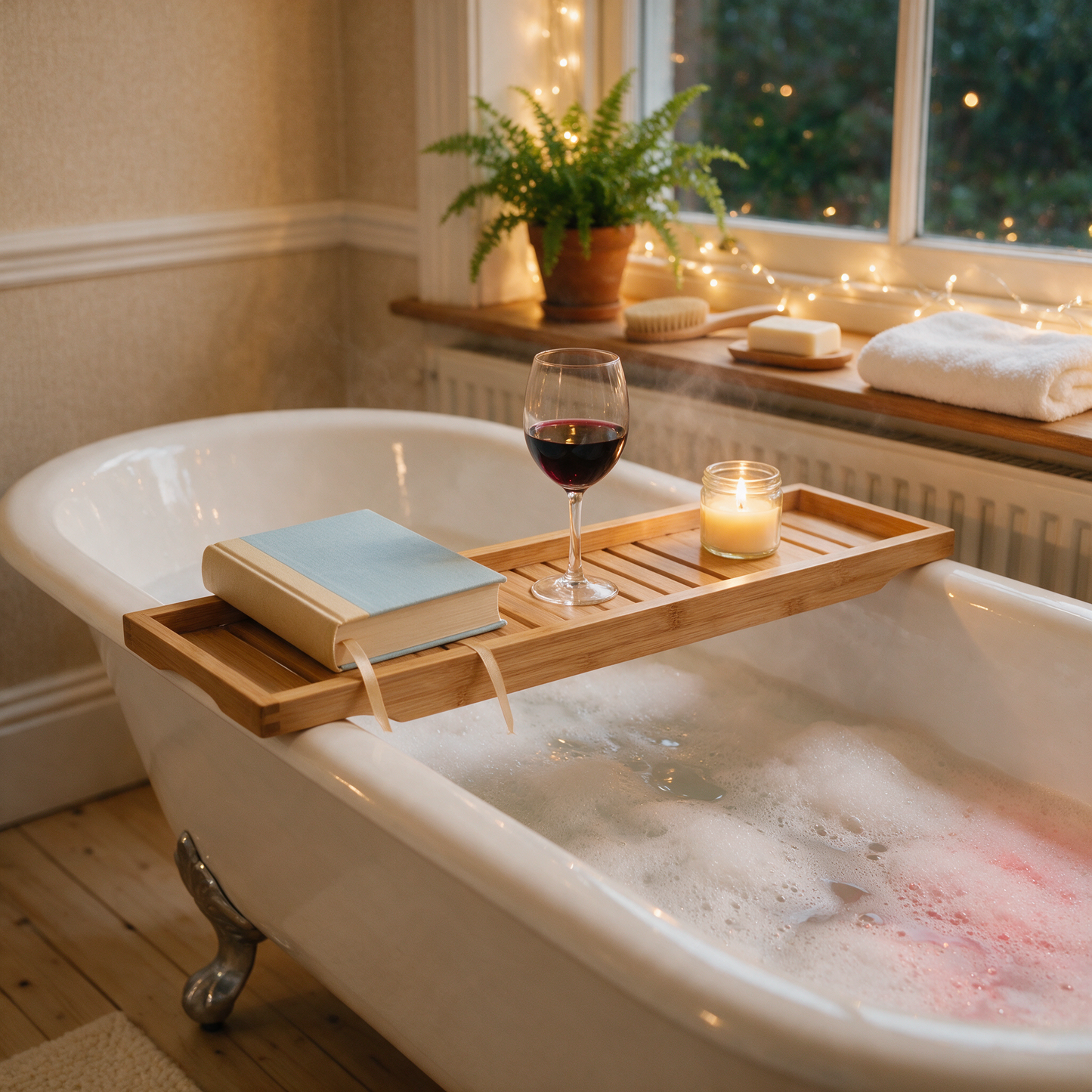 The Soak bath caddy across a filled bath with book, wine and candle