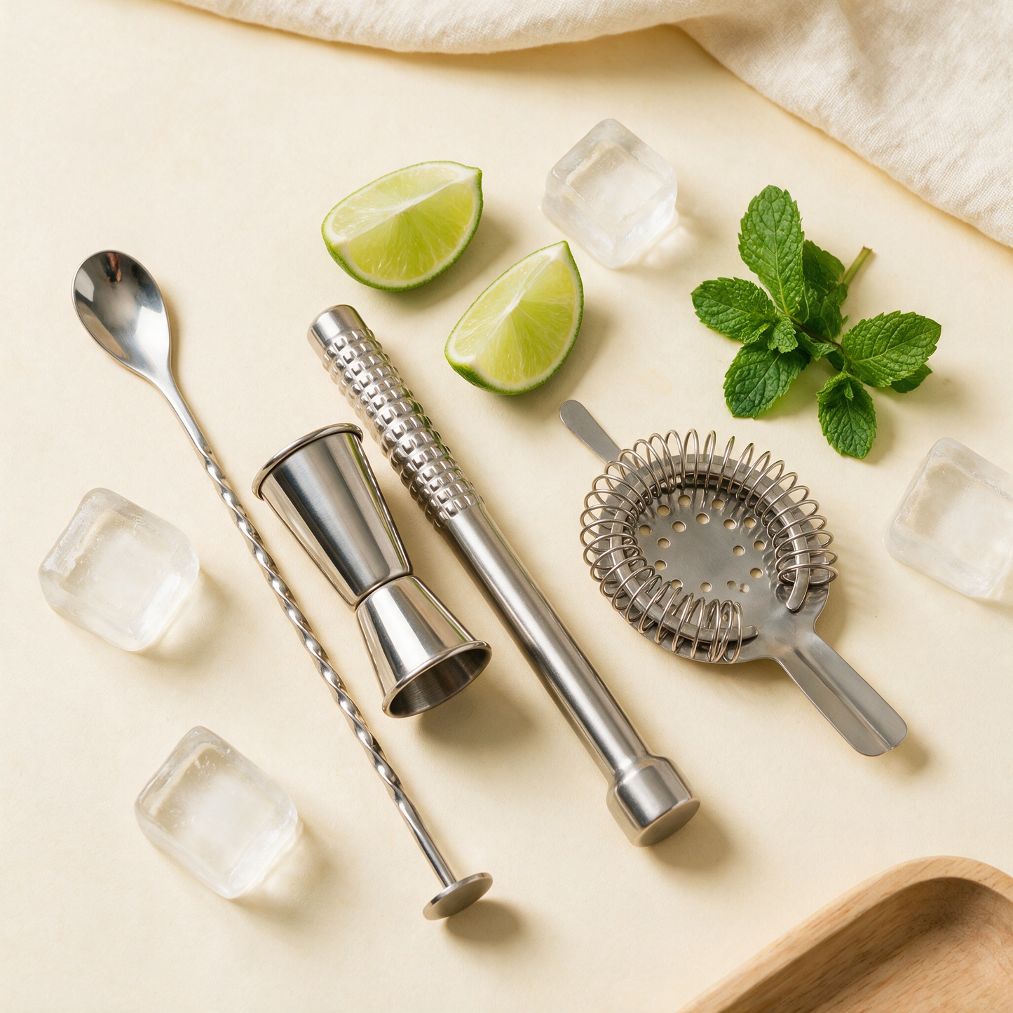 The Mixologist tools flat lay with lime, mint and ice