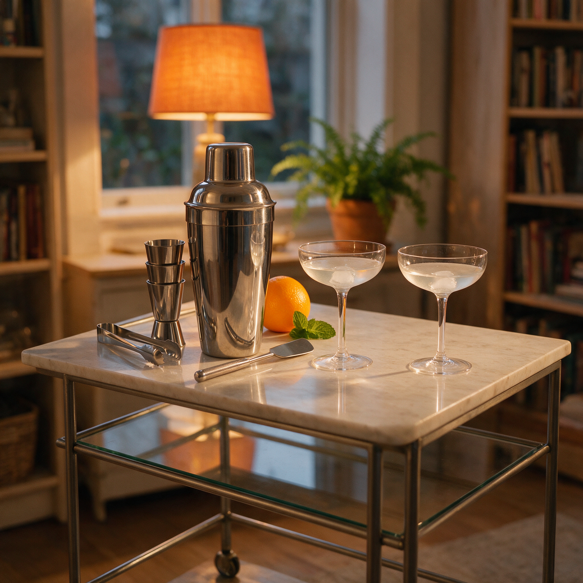 The Mixologist cocktail set on a home bar cart with coupe glasses