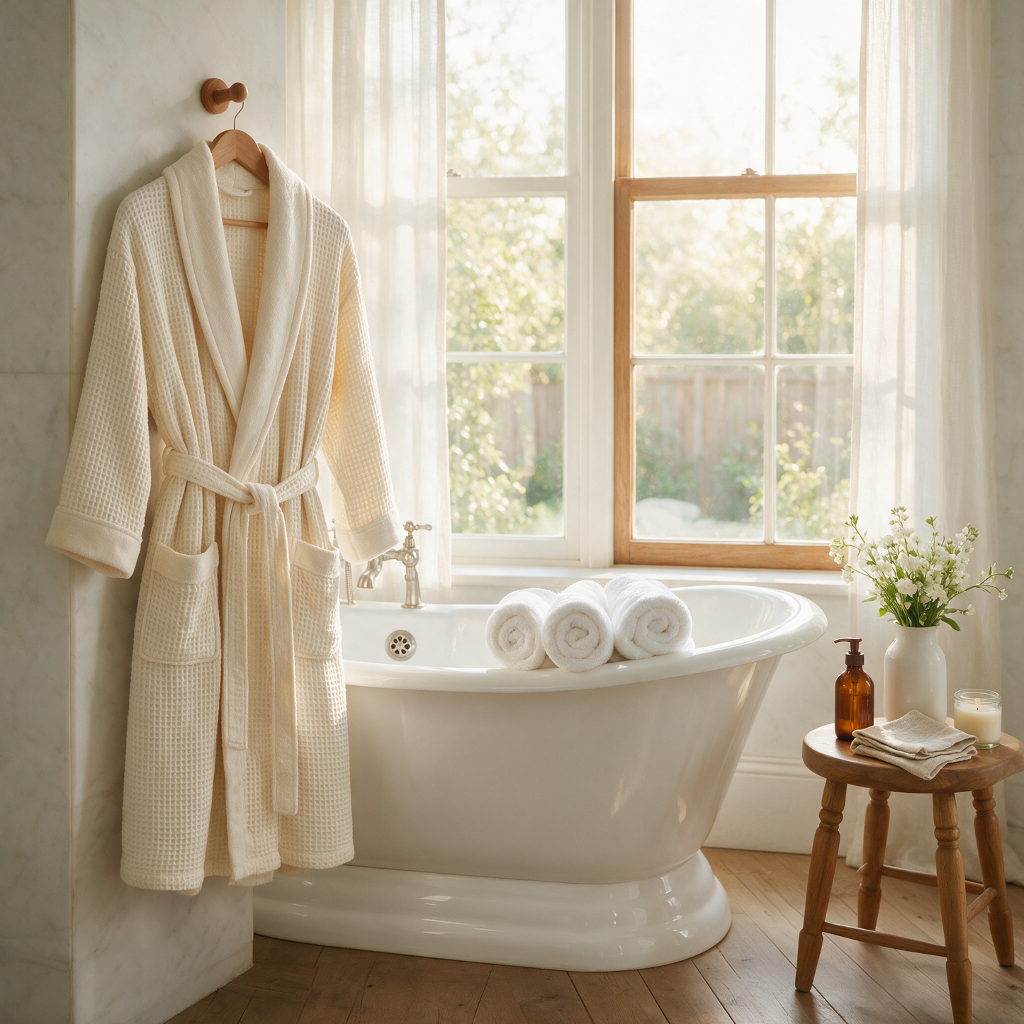 The Robe hanging on a wooden hook in a spa-like bathroom