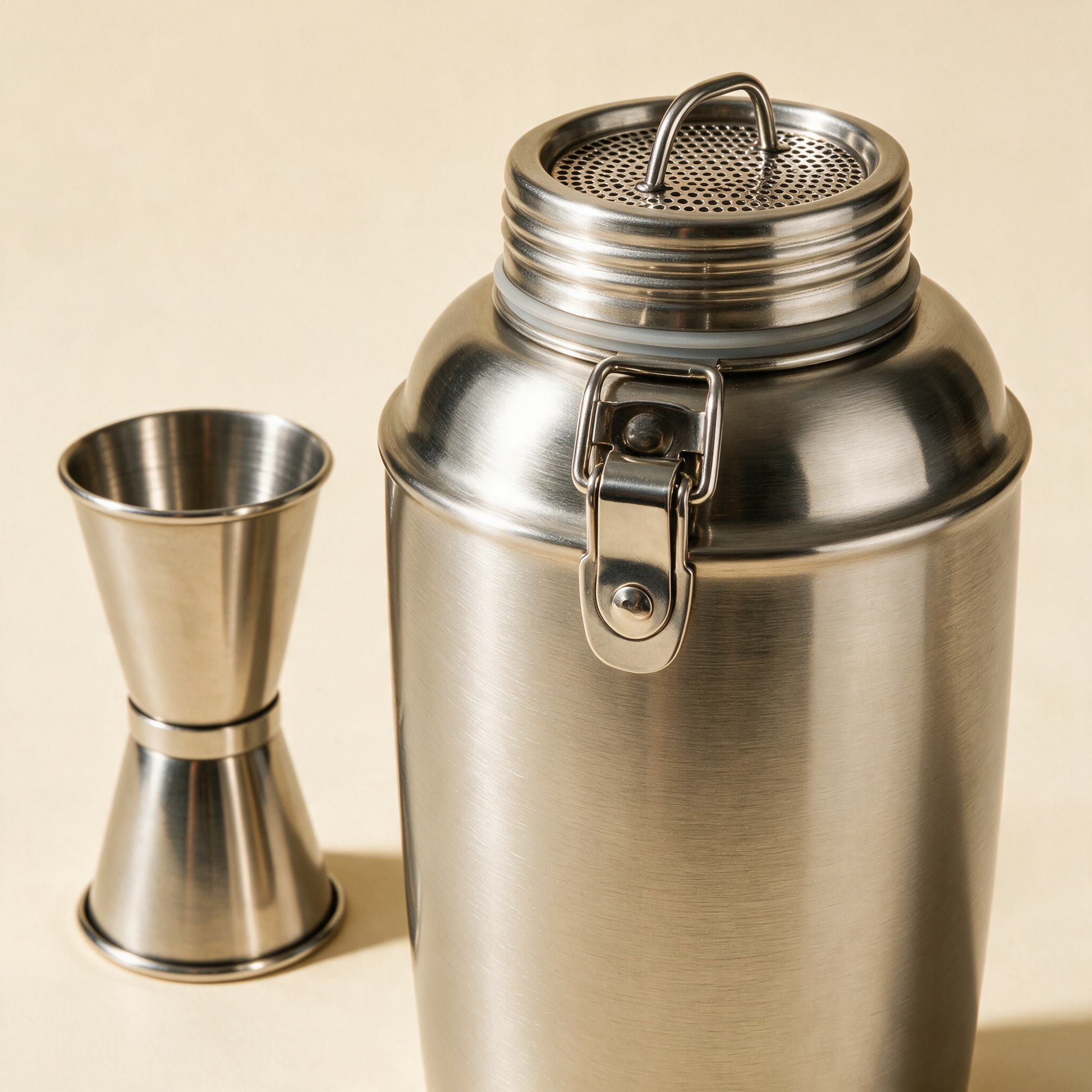 Close-up of The Mixologist cocktail shaker and jigger