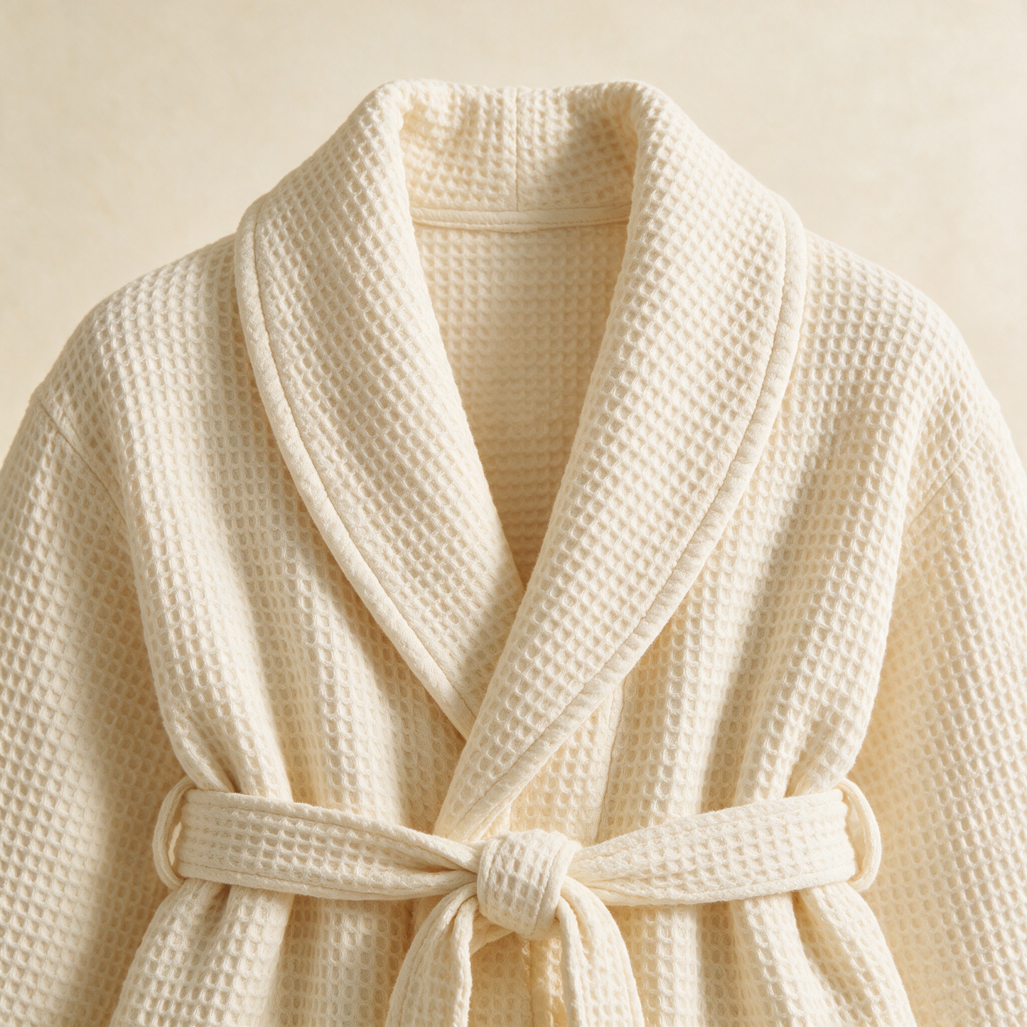 Close-up of The Robe waffle weave collar and belt texture