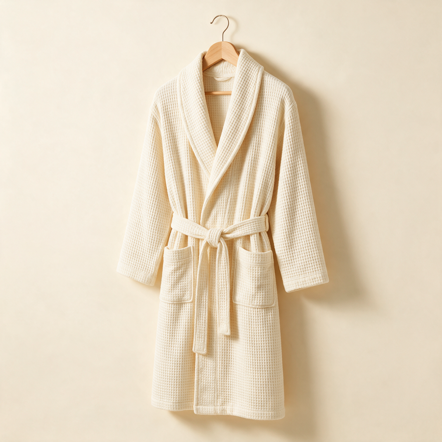 The Robe on a wooden hanger showing the shawl collar
