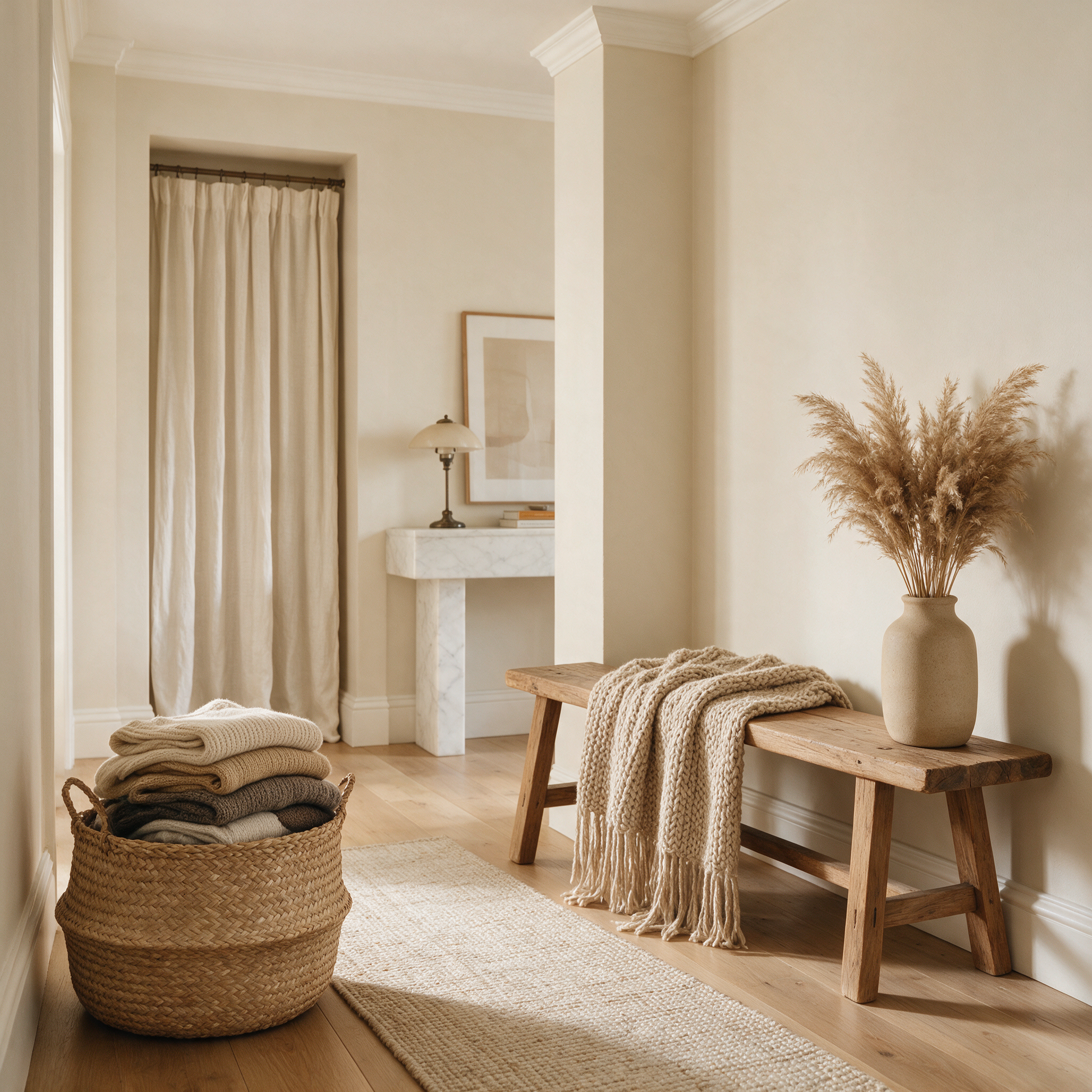 The Weave basket holding knitwear in a warm neutral hallway