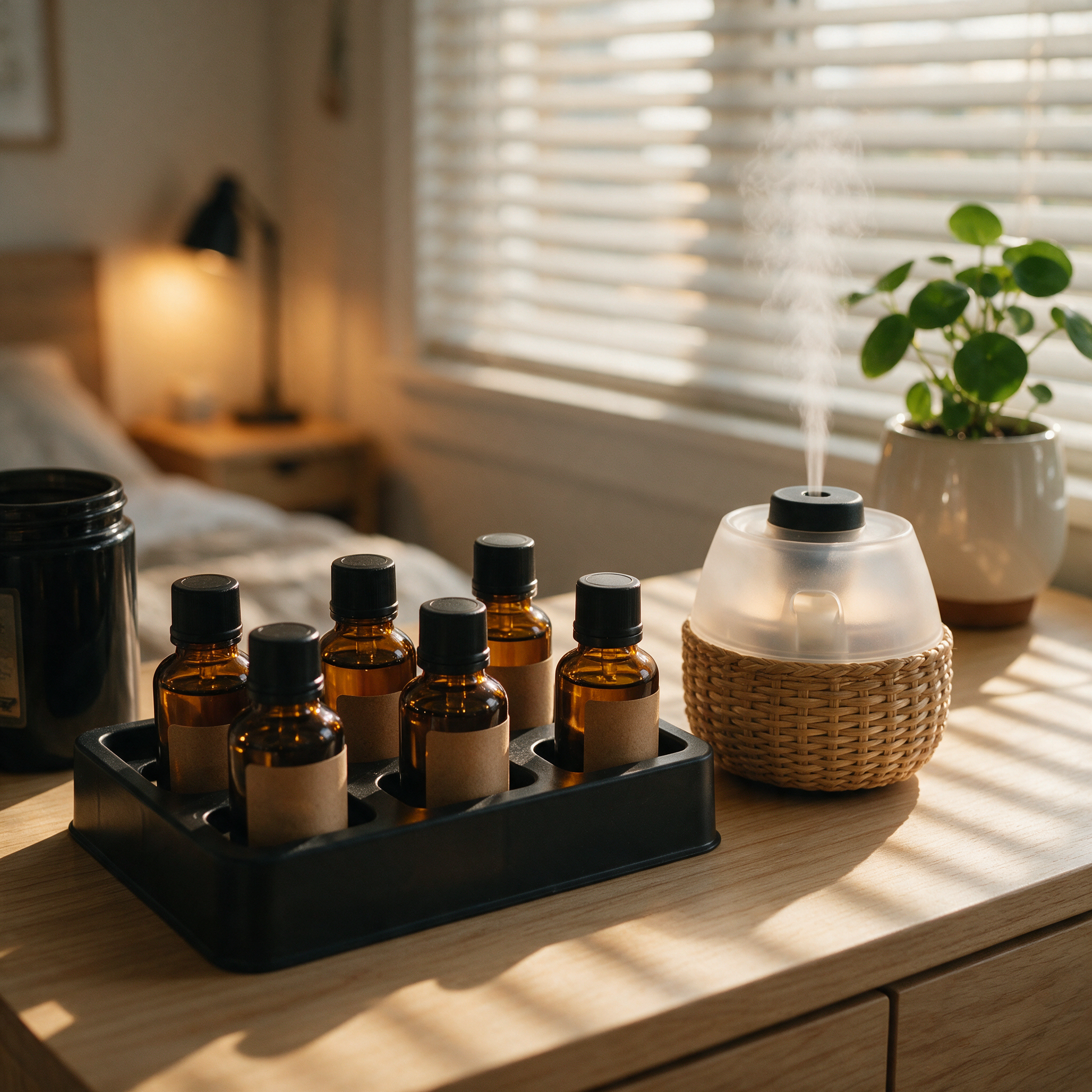 The Apothecary oil set beside a misting diffuser on a dresser