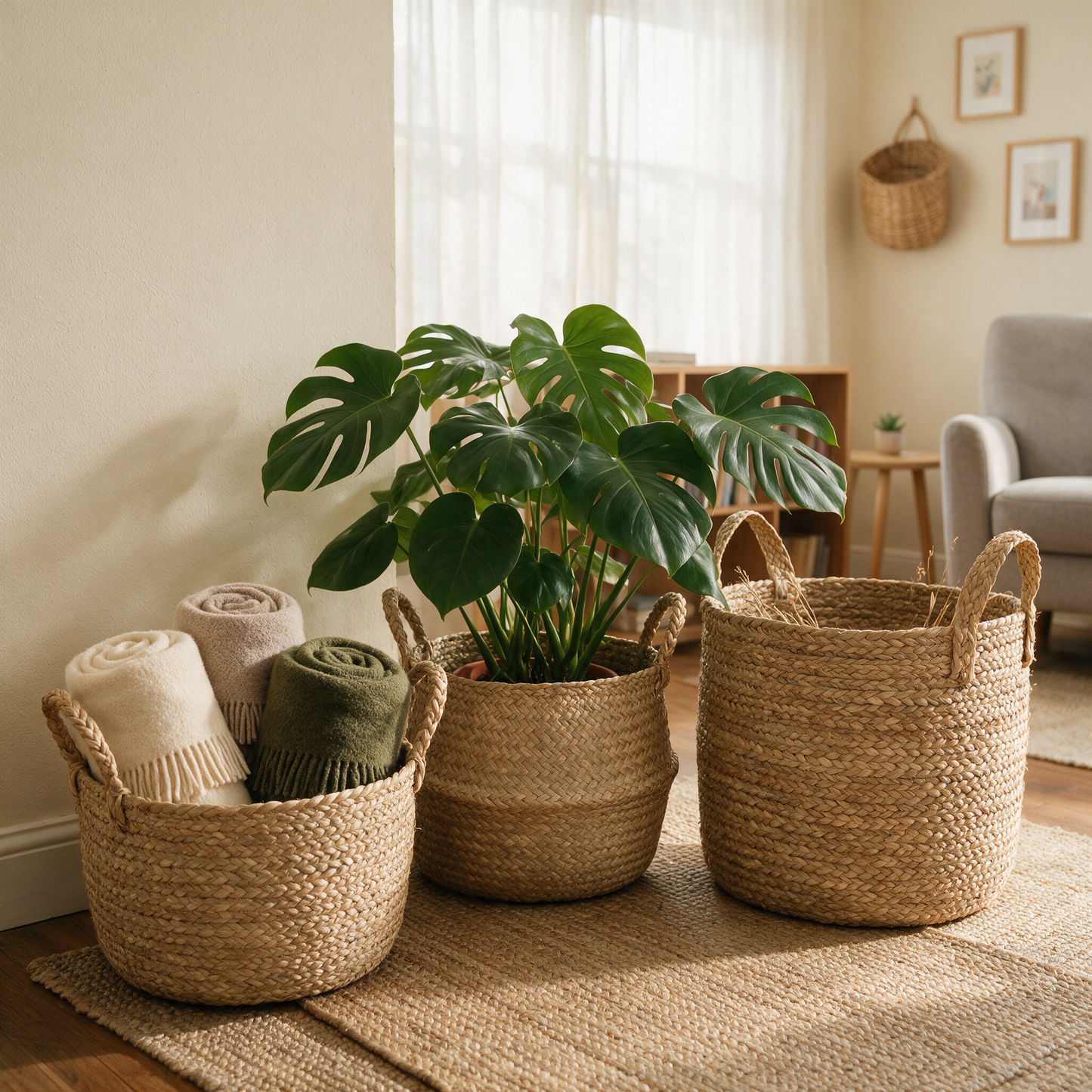 The Weave basket set styled in a living room with blankets and plant