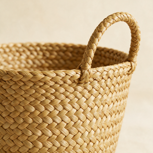 Close-up of The Weave seagrass basket weave and handle
