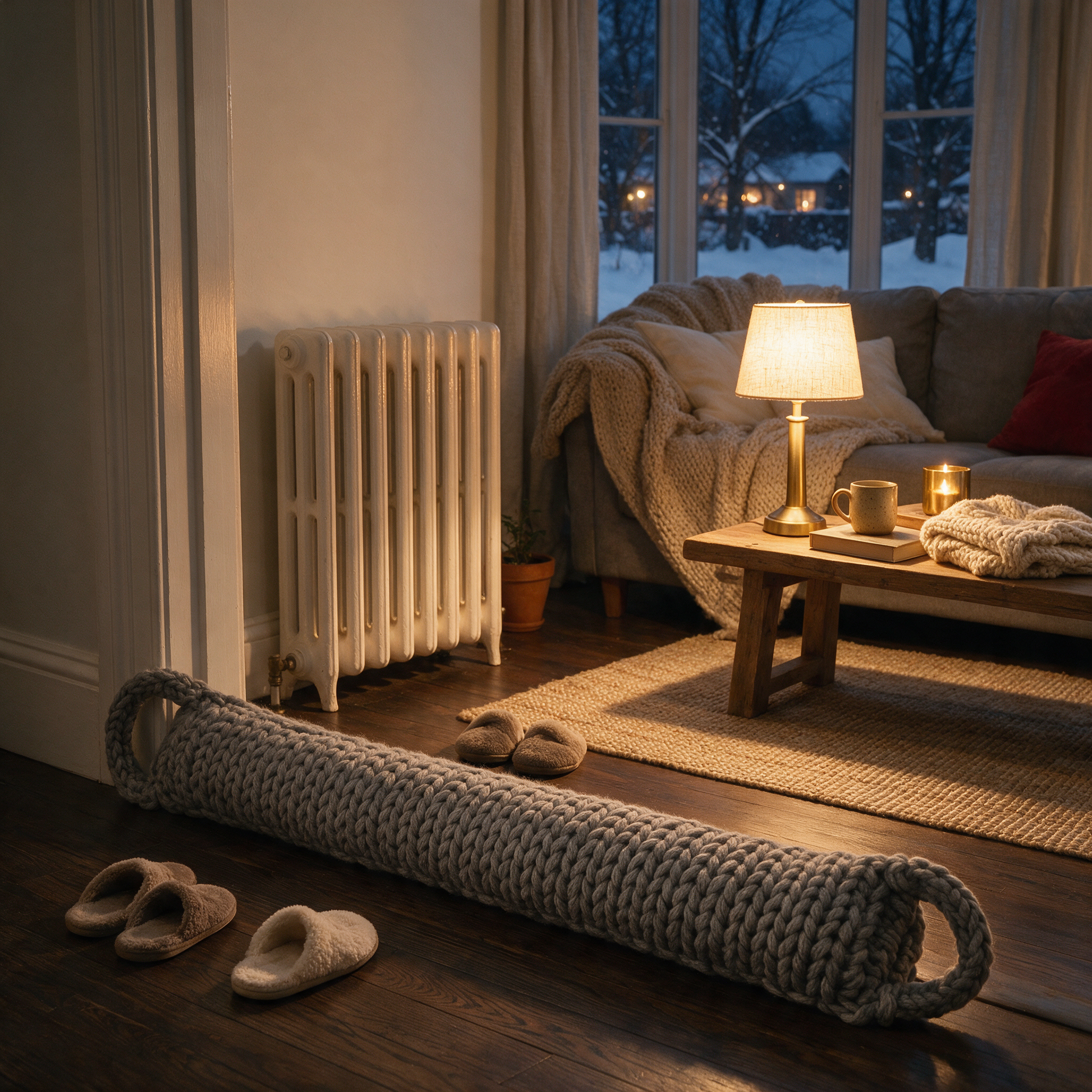 The Draughtsman at a living room door with radiator and lamp glow