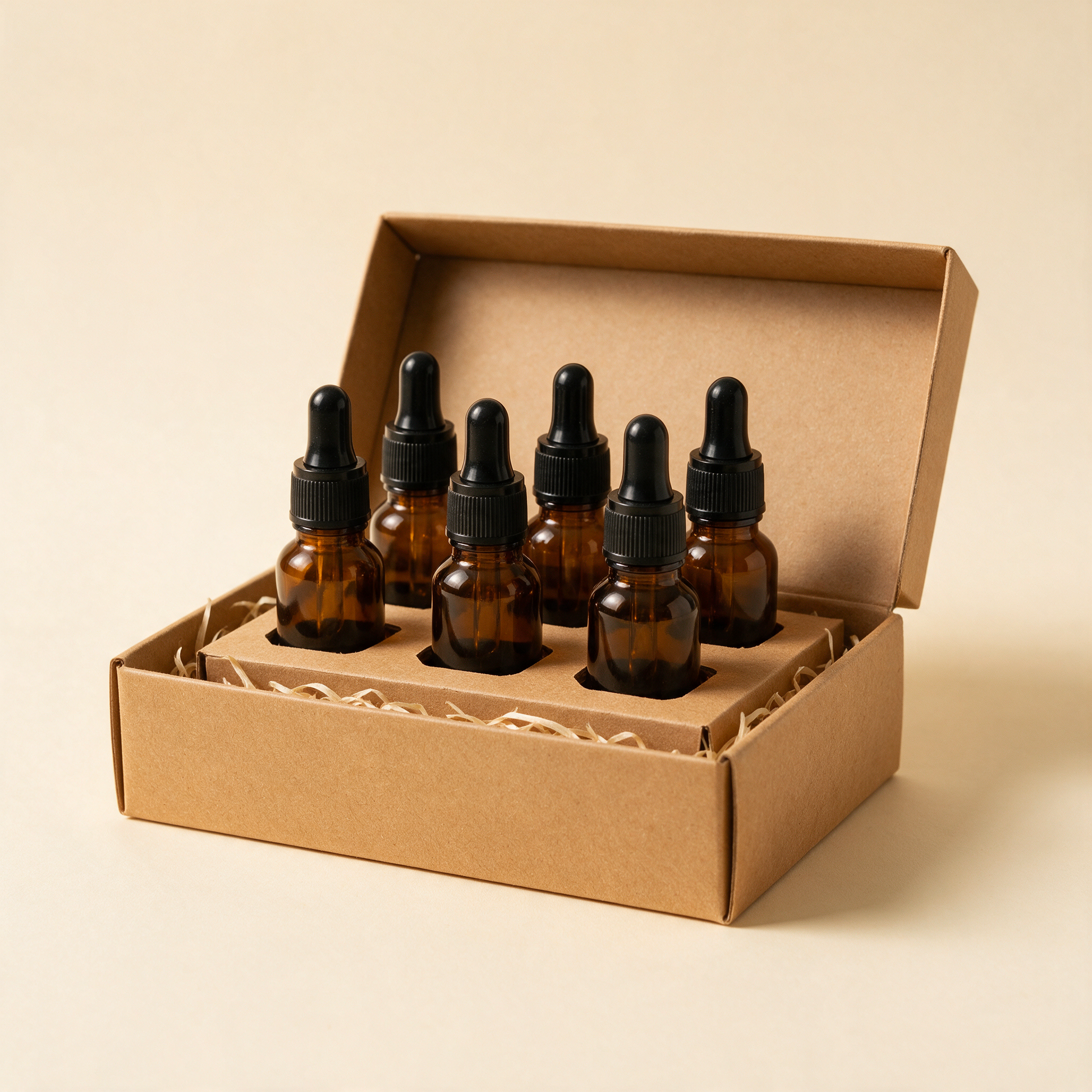 The Apothecary six oil bottles in a kraft gift box at an angle