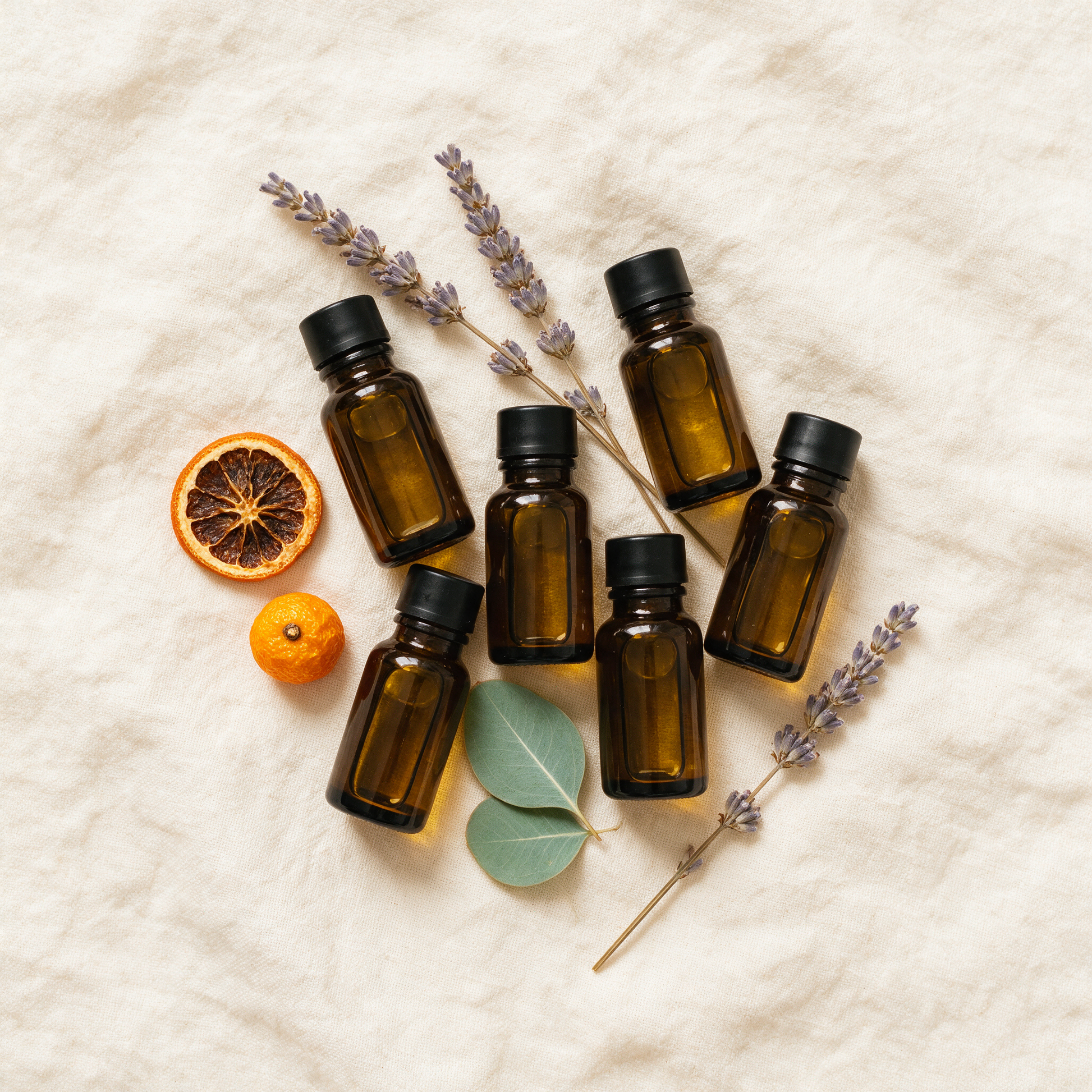 The Apothecary oils flat lay with lavender and eucalyptus