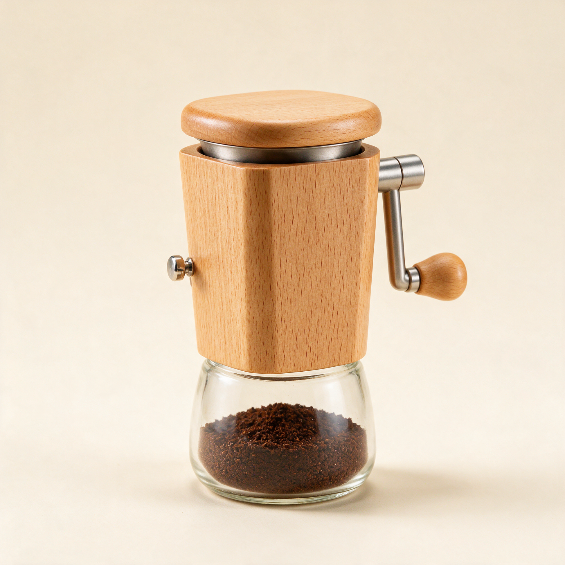 The Grind grinder at an angle with glass jar of ground coffee