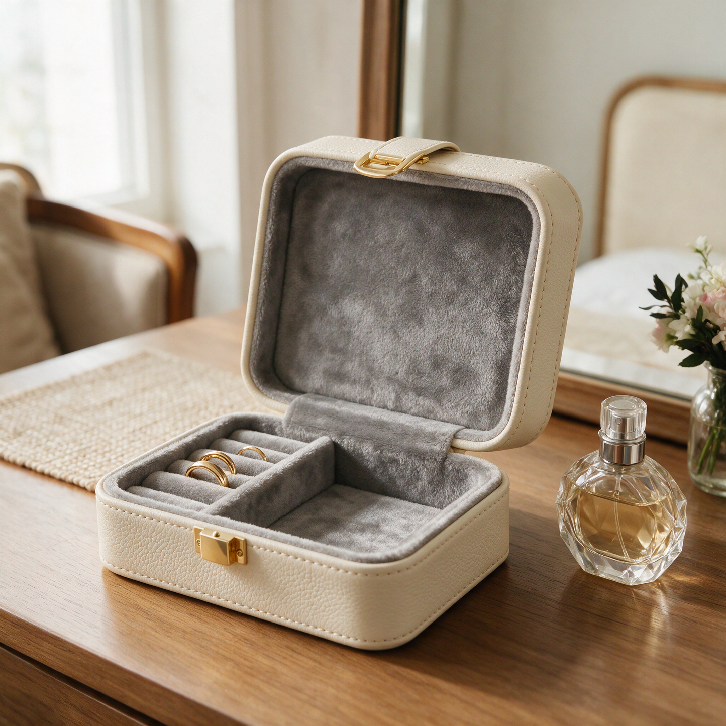 JewelNest case open on a dressing table beside perfume