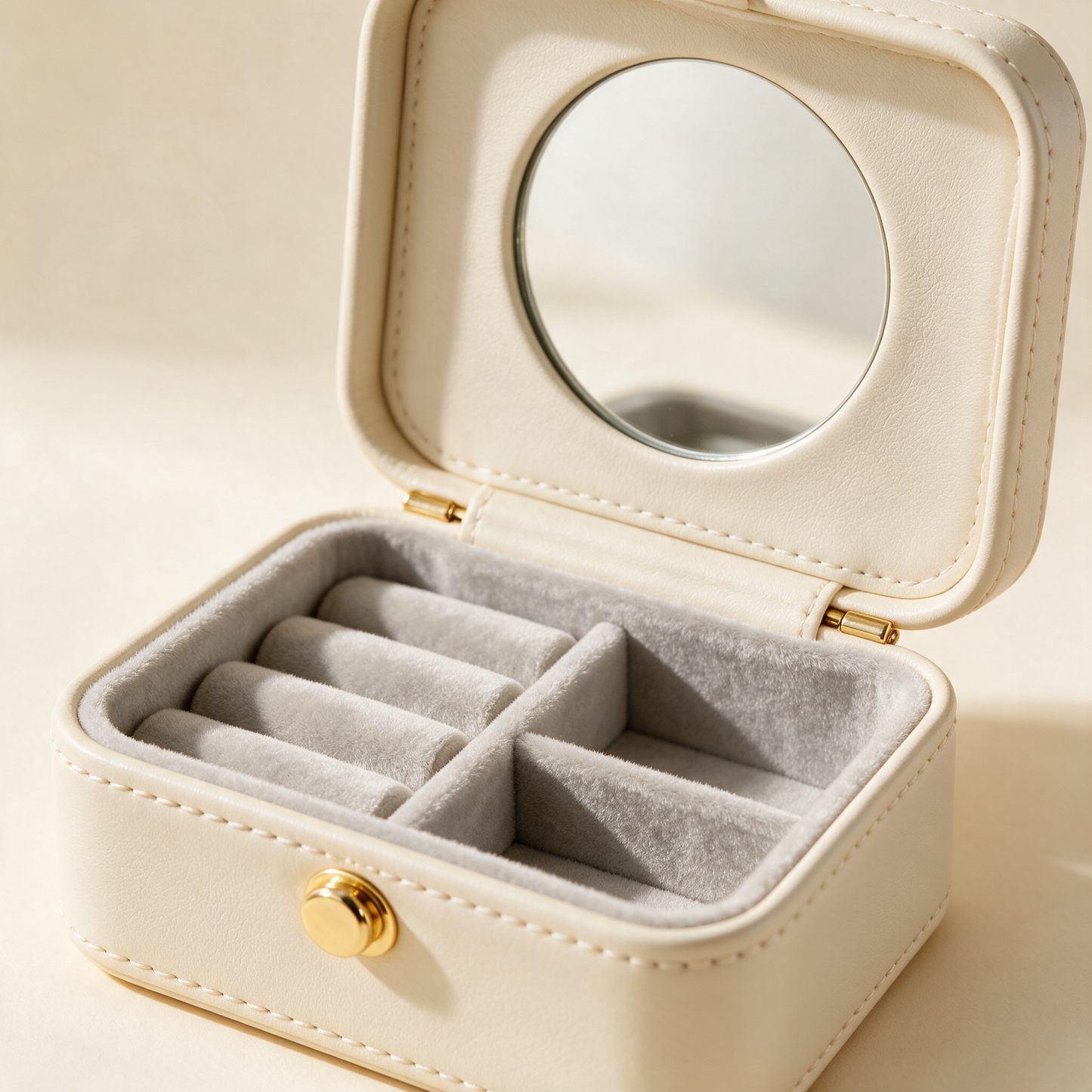 Close-up of the JewelNest case open with mirror and grey velvet interior