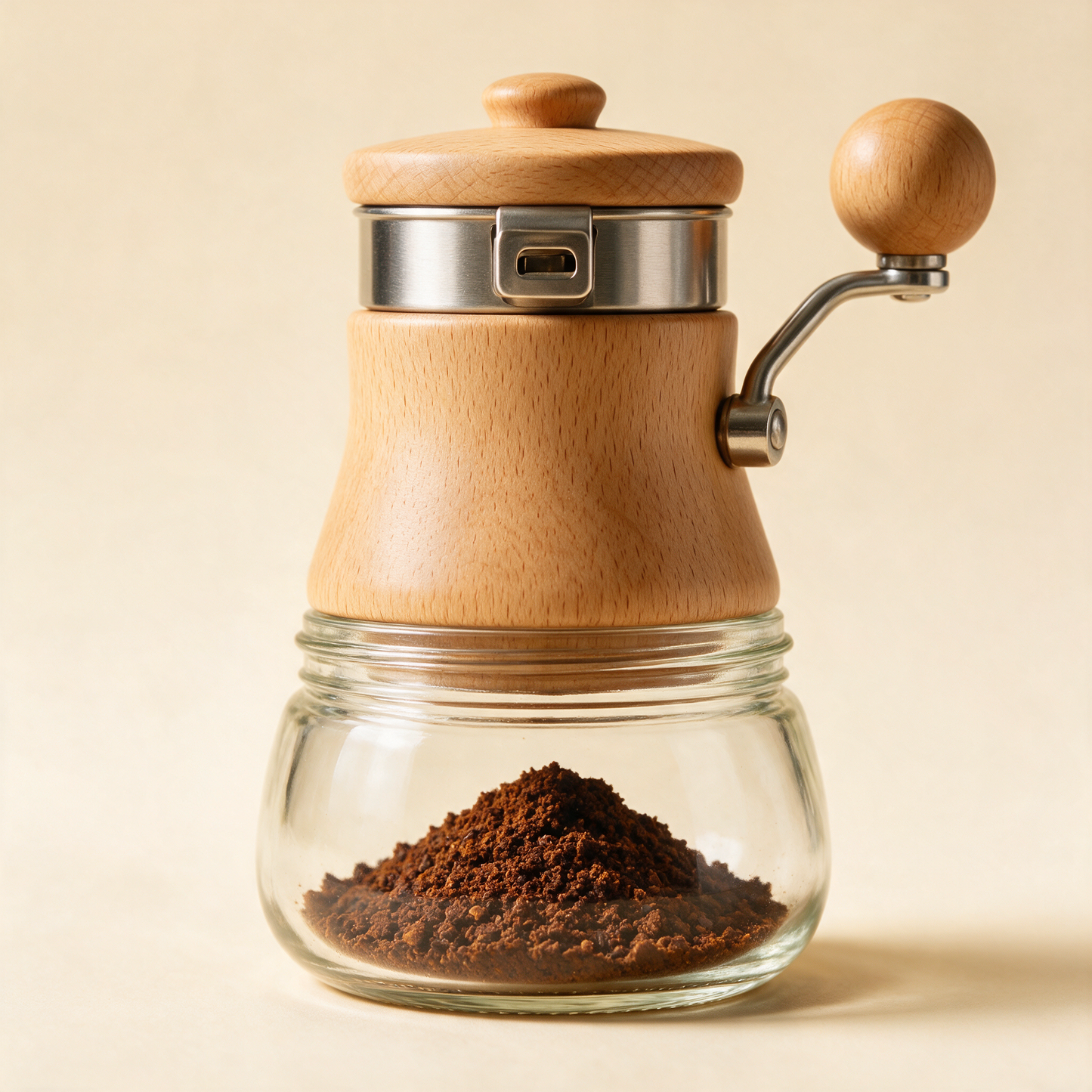 Close-up of The Grind beech wood grinder with side crank and glass jar