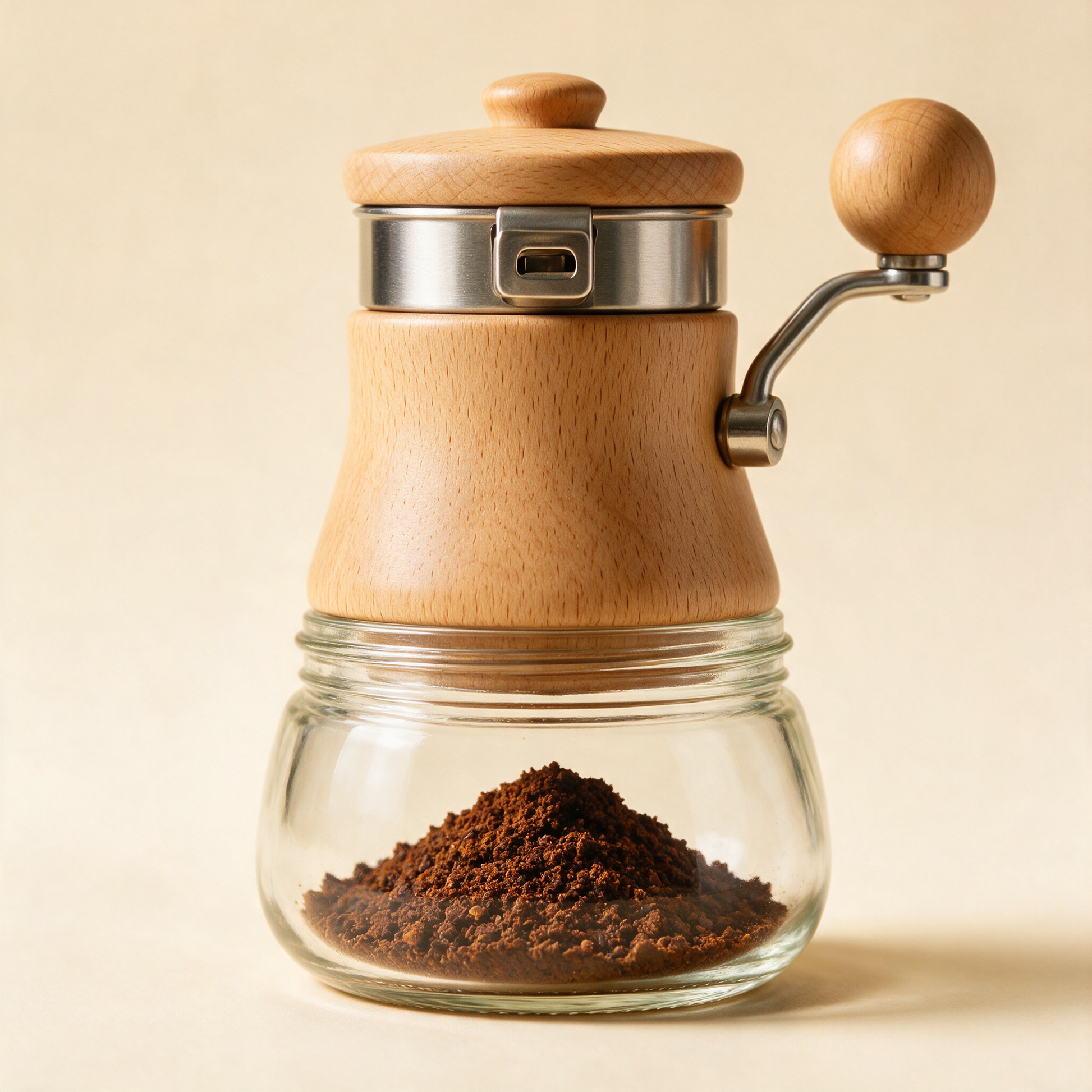 Close-up of The Grind beech wood grinder with side crank and glass jar