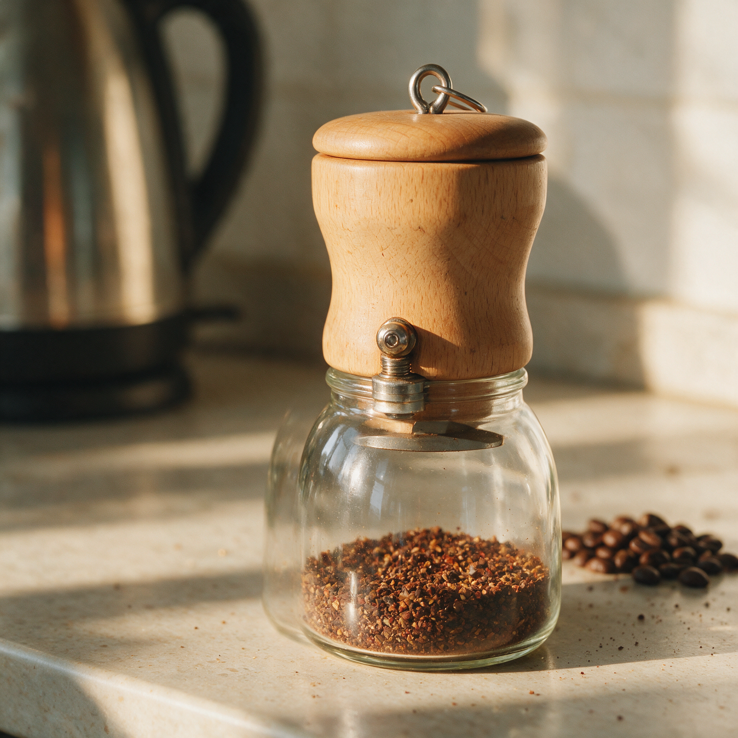 The Grind hand coffee grinder on a kitchen counter with beans
