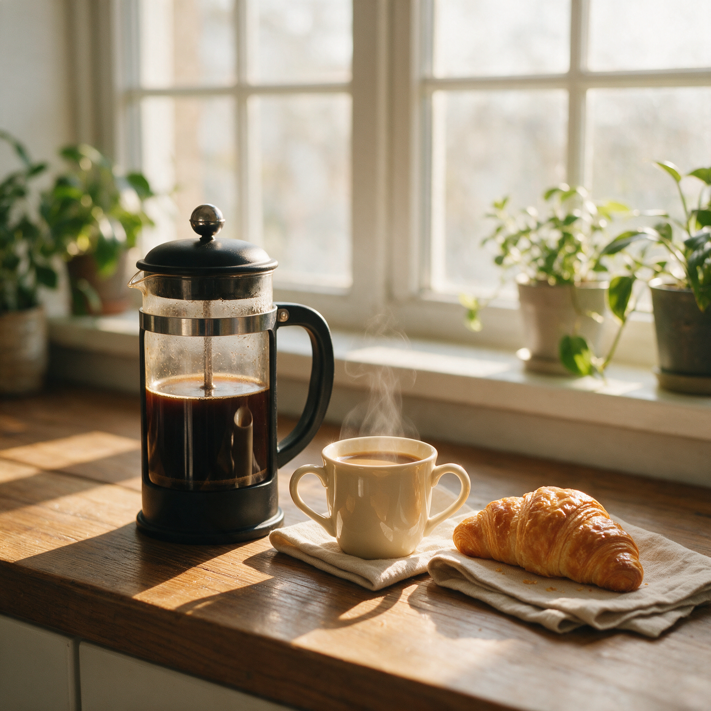 The Press French press with fresh coffee on a kitchen counter