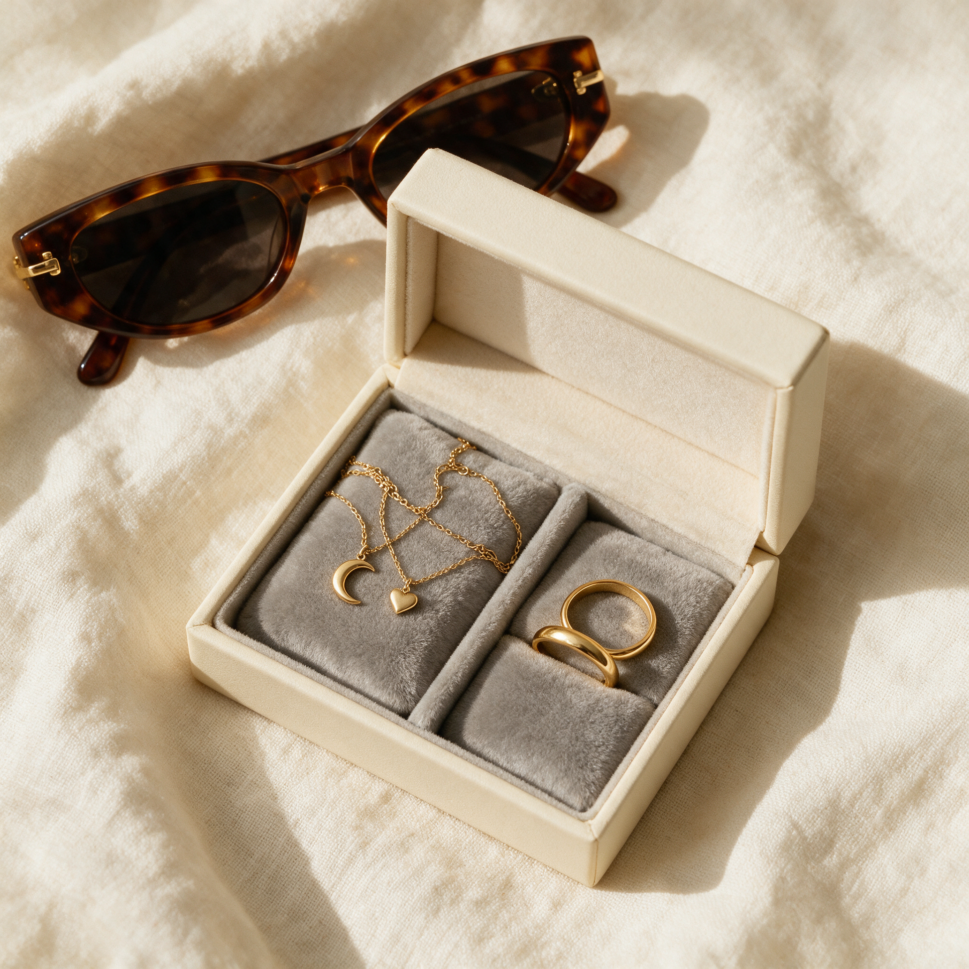 JewelNest case flat lay with gold jewellery and sunglasses