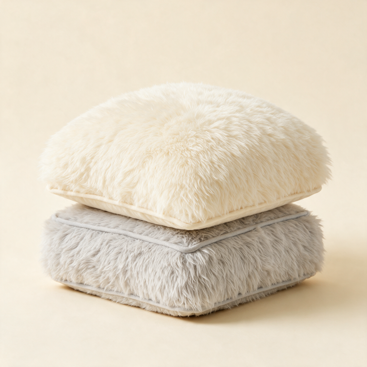 The Plush cream cushion stacked on the grey cushion at an angle
