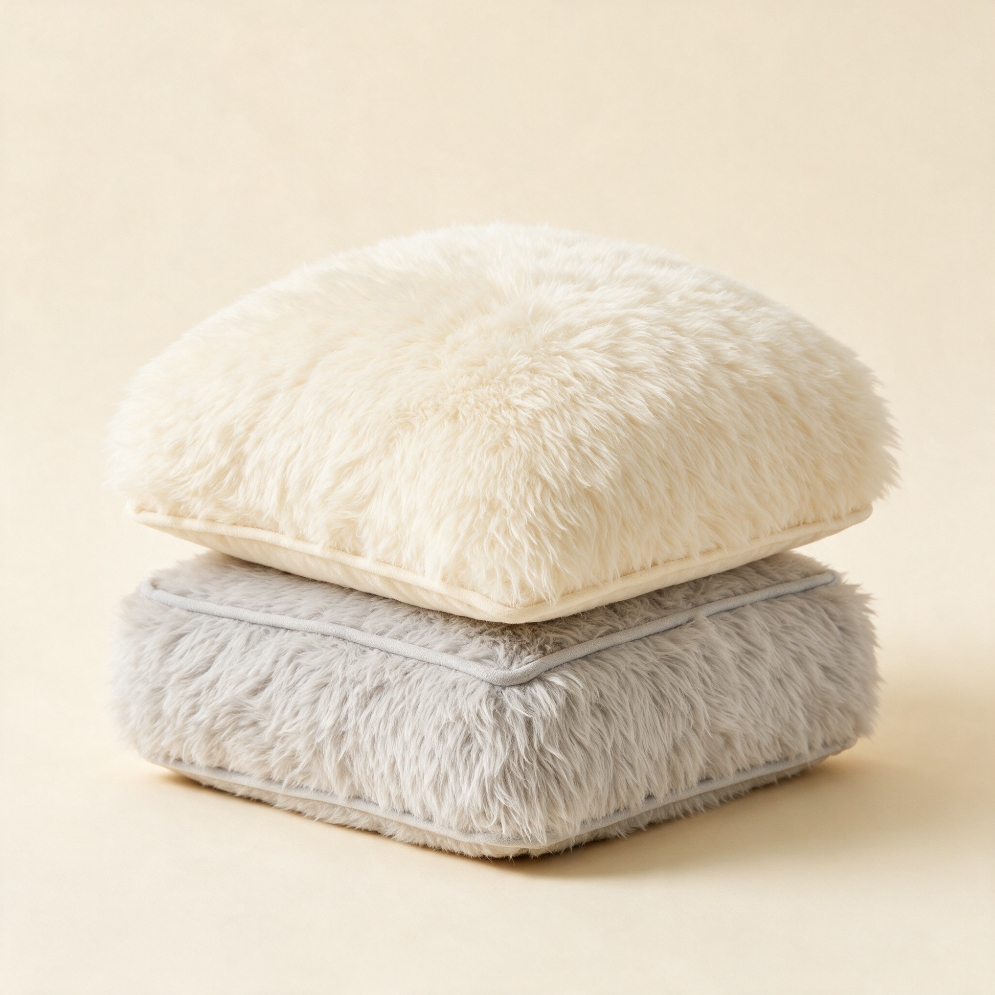 The Plush cream cushion stacked on the grey cushion at an angle