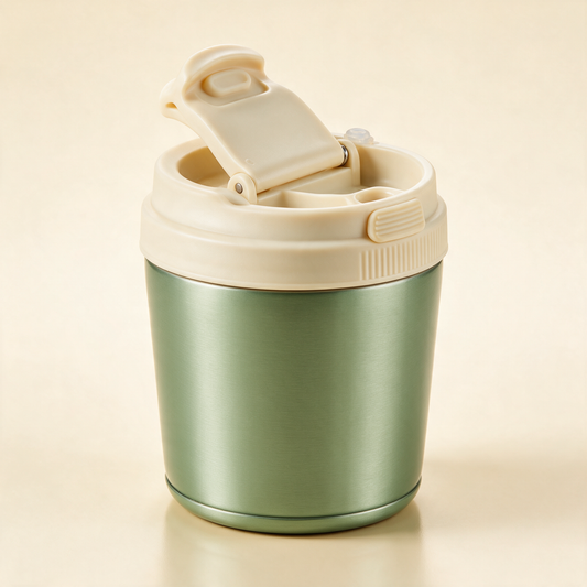 Close-up of The Commuter cream leakproof flip lid on the sage green mug