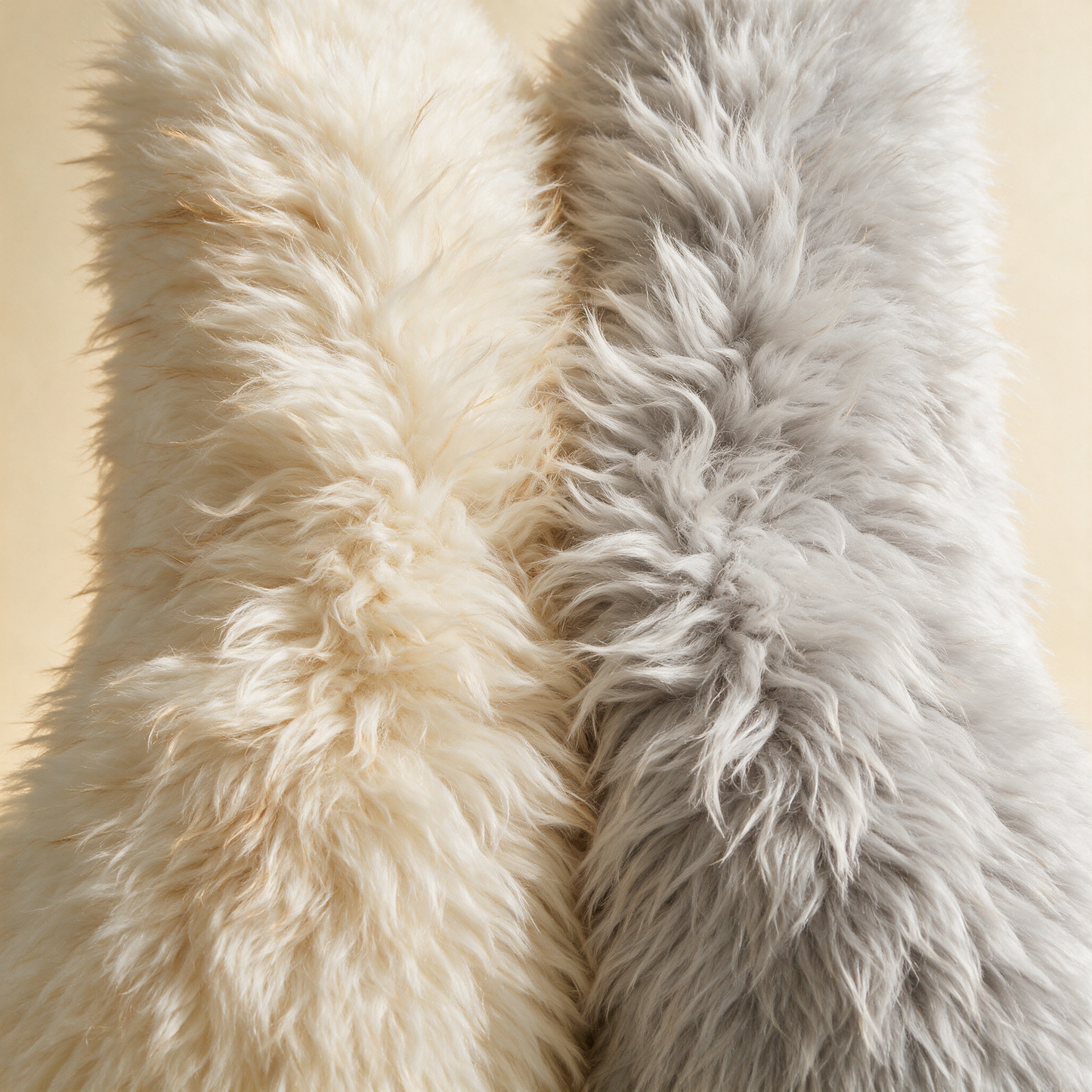 Close-up of The Plush cream and grey faux fur pile texture