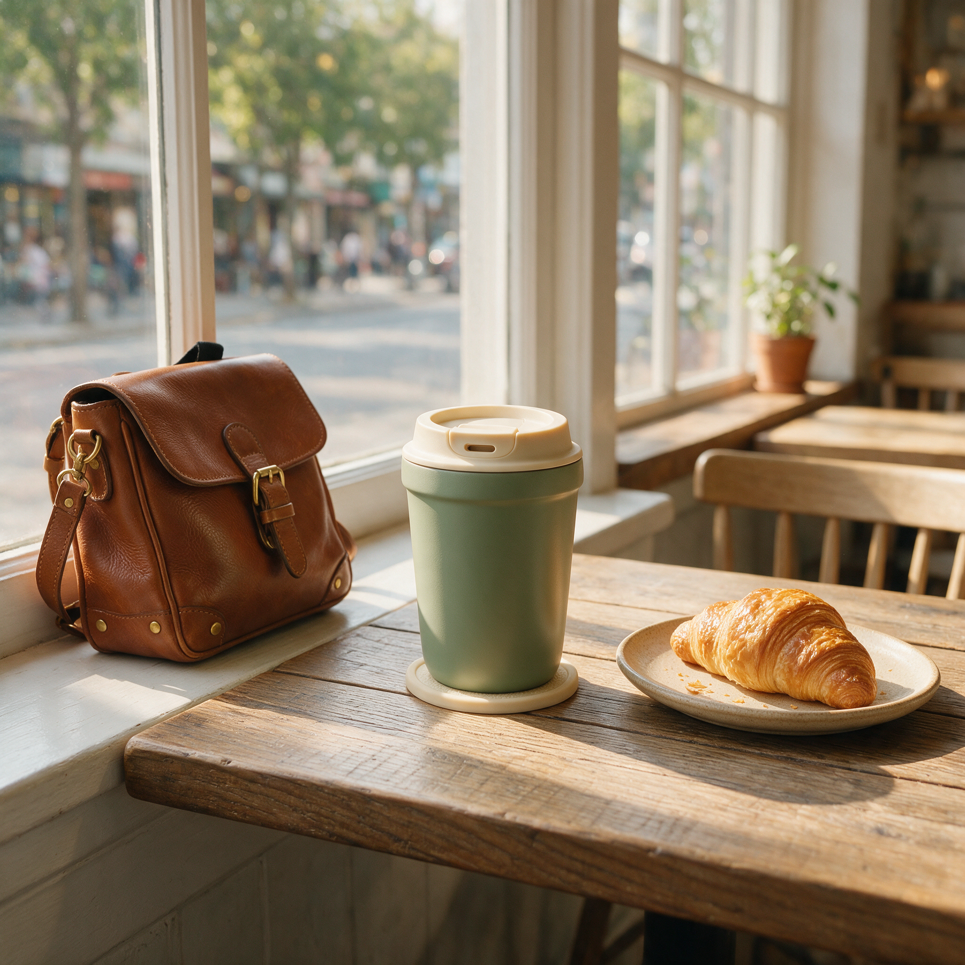 The Commuter sage travel mug with cream lid on a cafe table