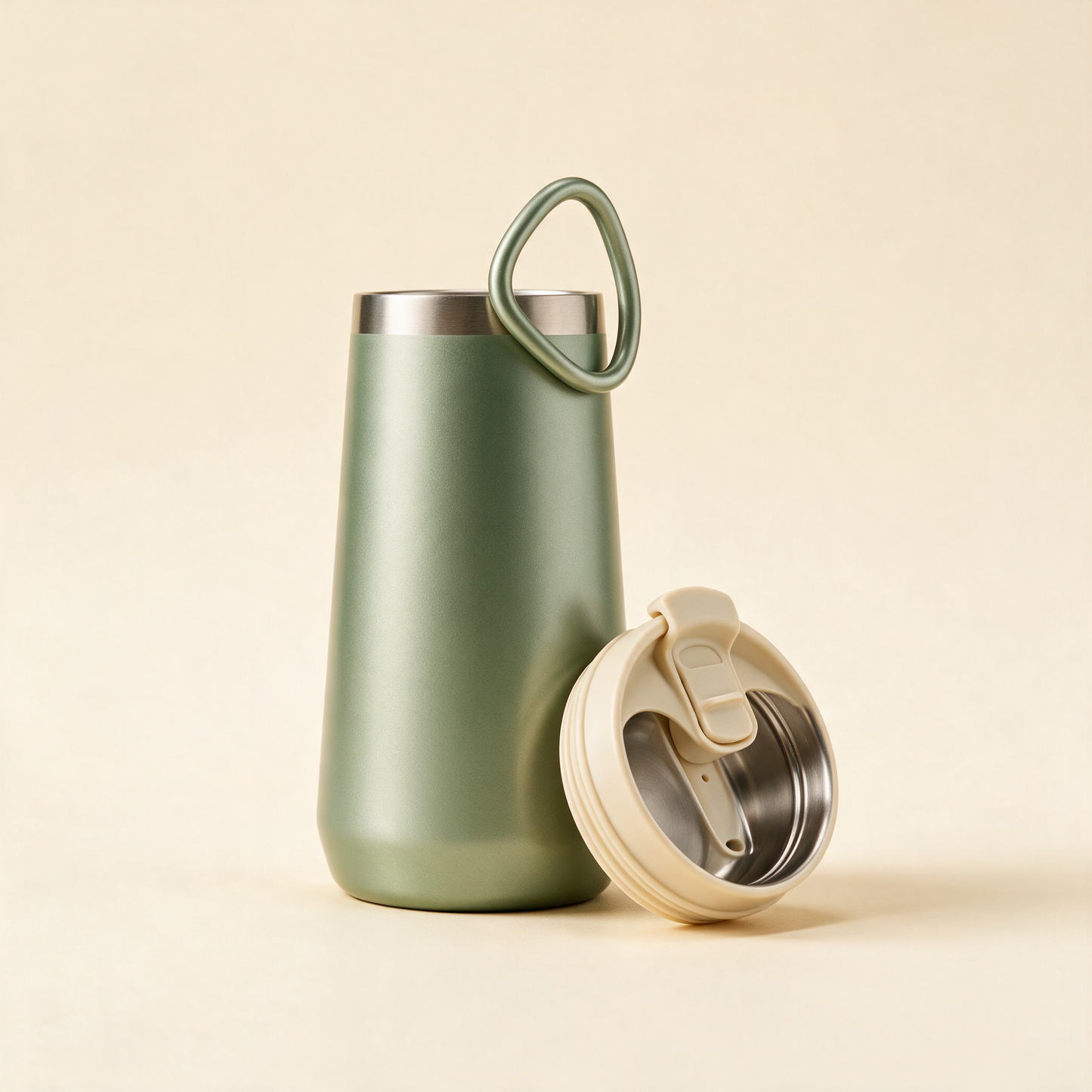 The Commuter travel mug with the lid off showing the stainless interior