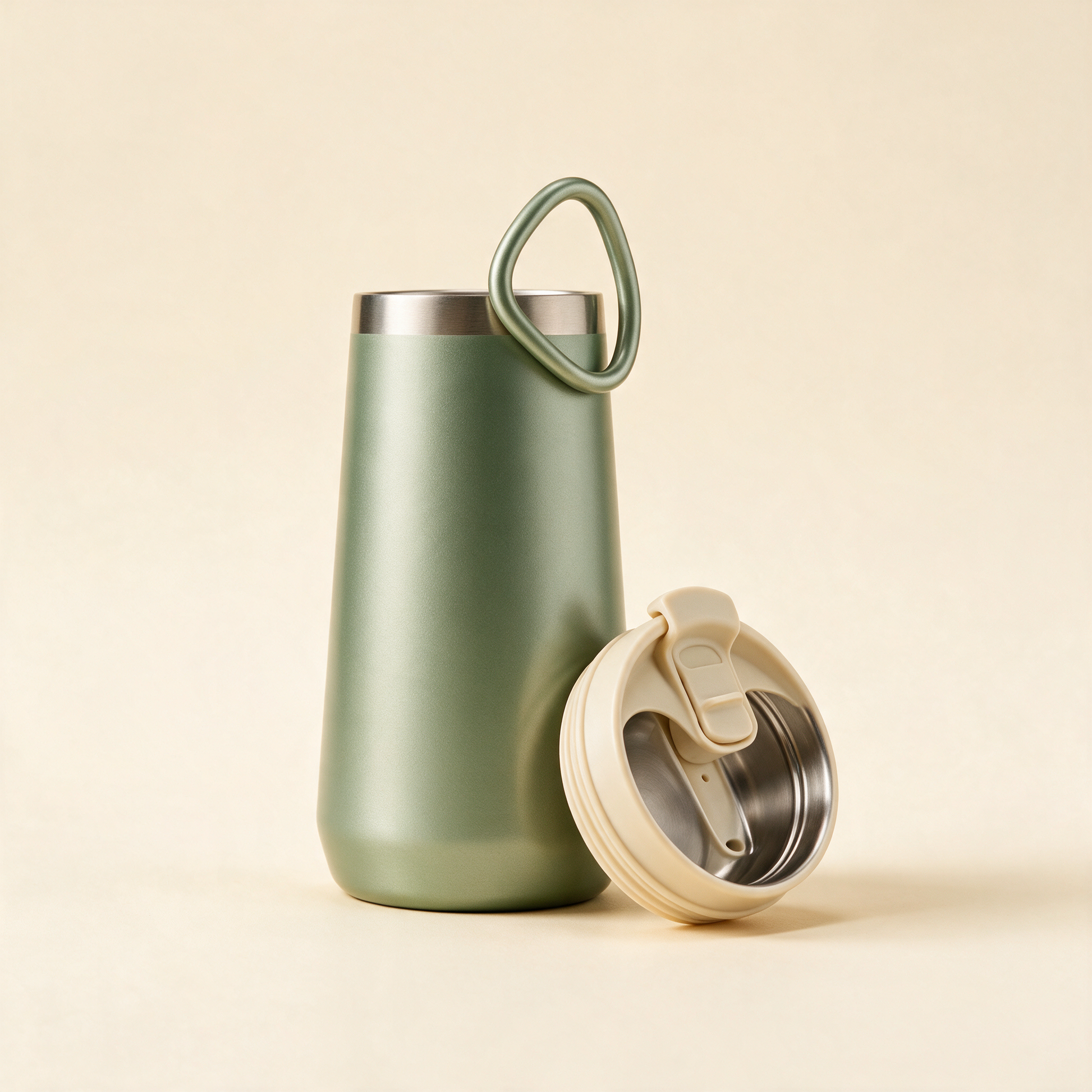 The Commuter travel mug with the lid off showing the stainless interior