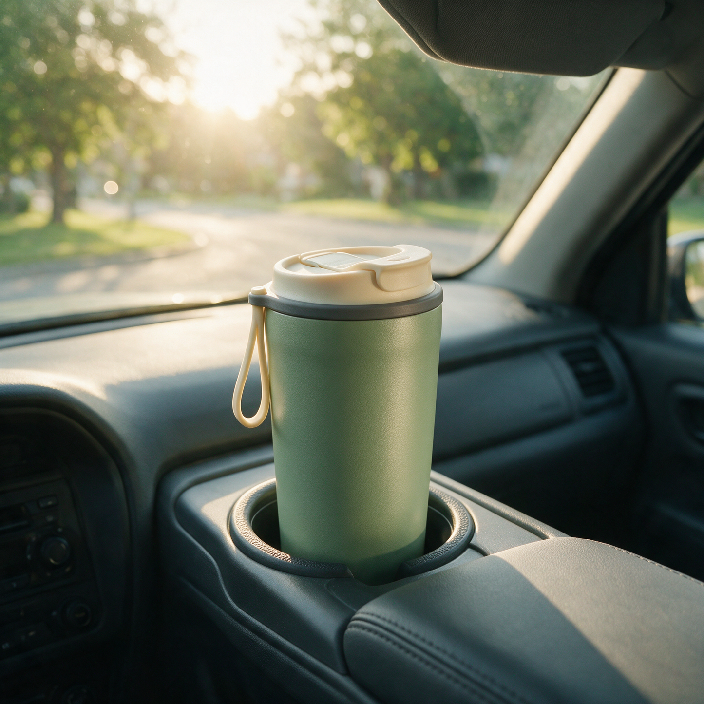 The Commuter mug with cream lid in a car cup holder in morning light