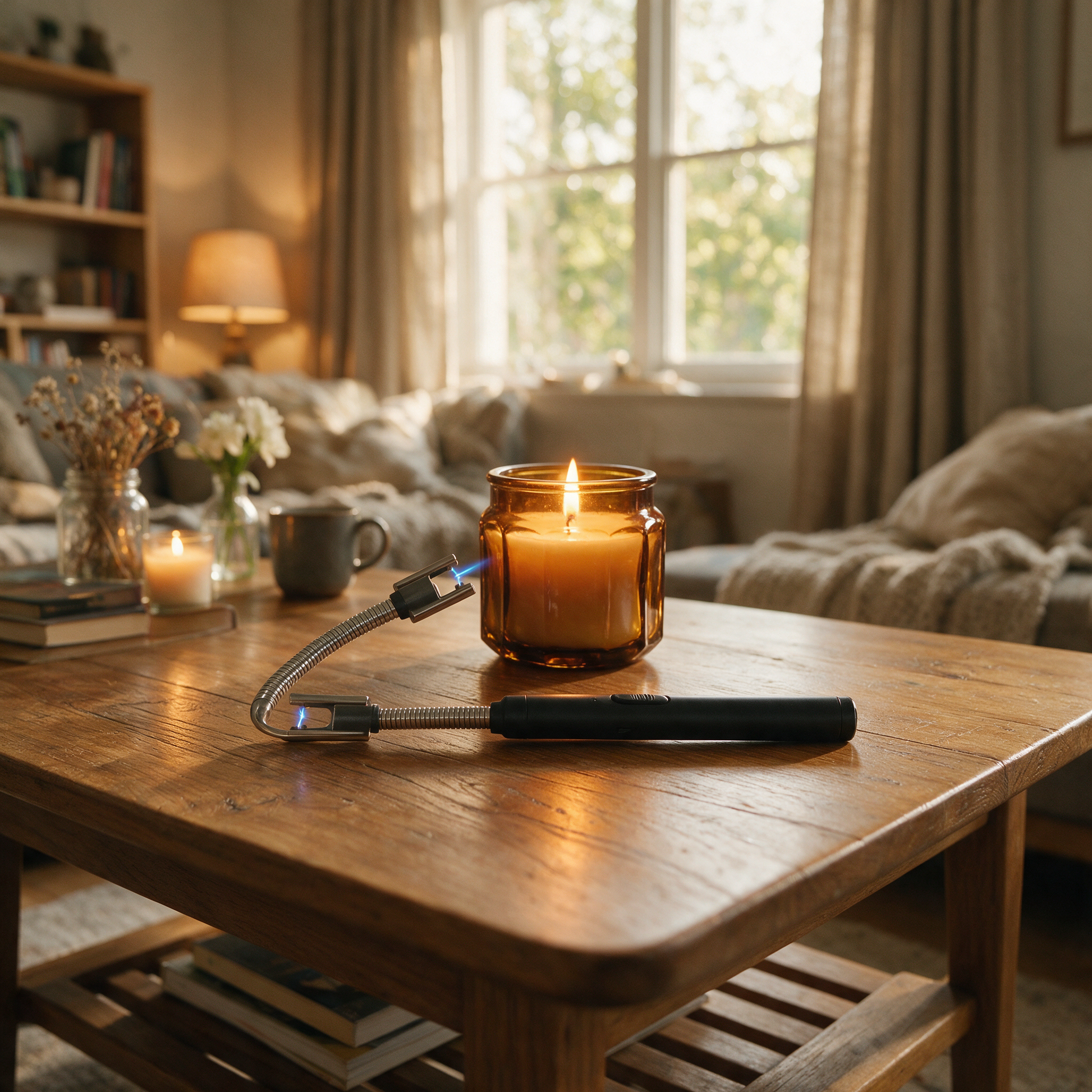 EverSpark lighter beside a lit candle on a coffee table