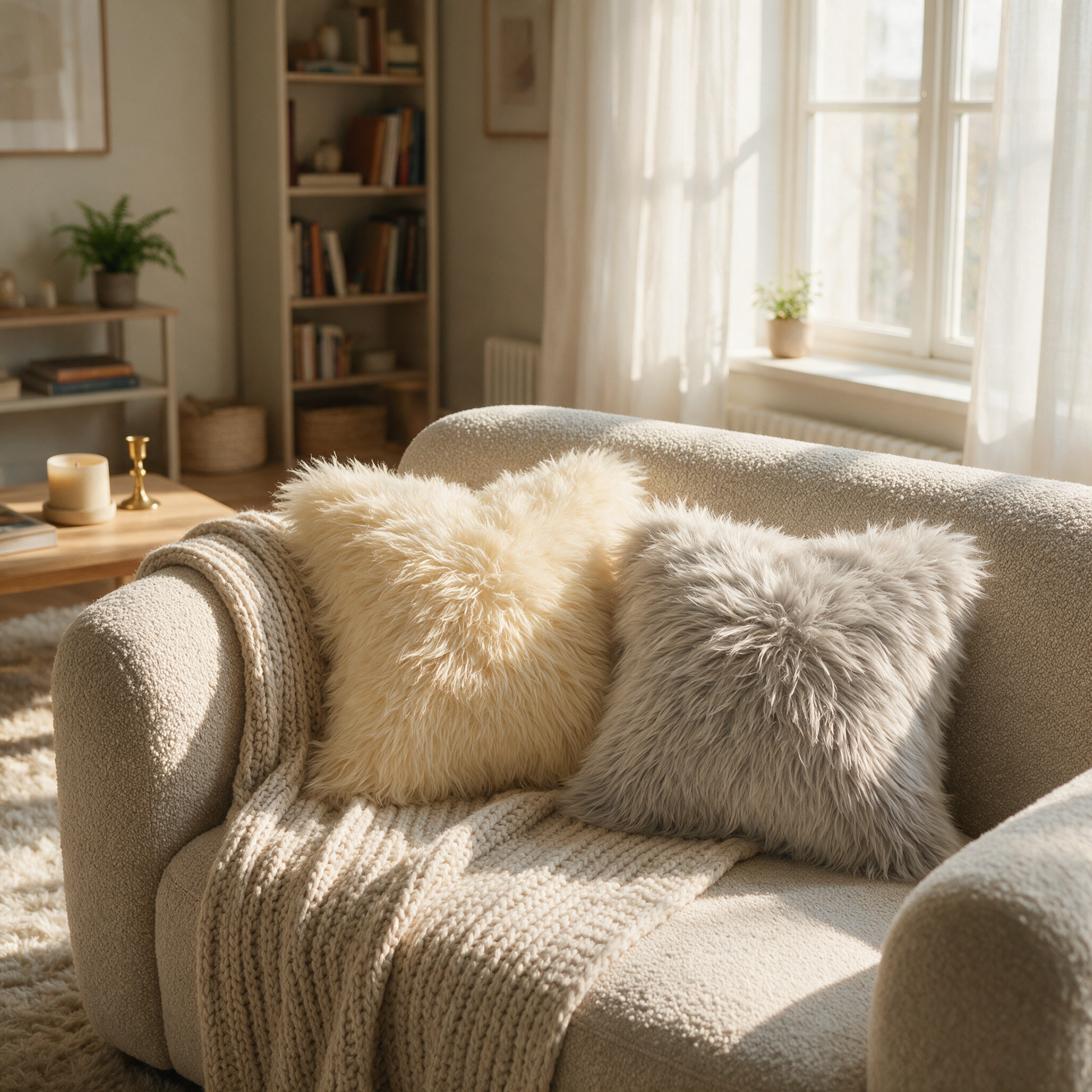 The Plush cream and grey faux fur cushions on a boucle sofa