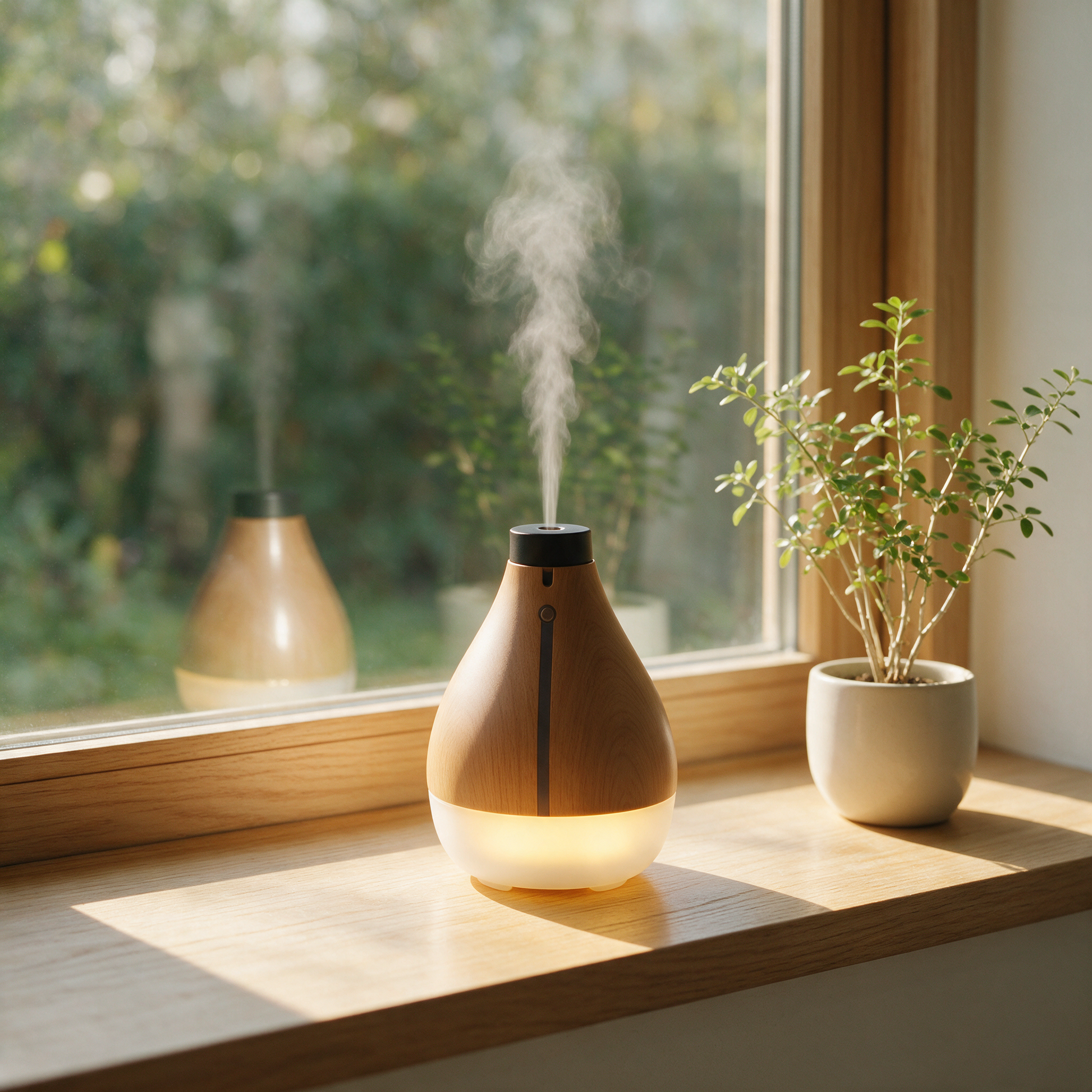 AromaCloud diffuser misting on a windowsill beside a plant