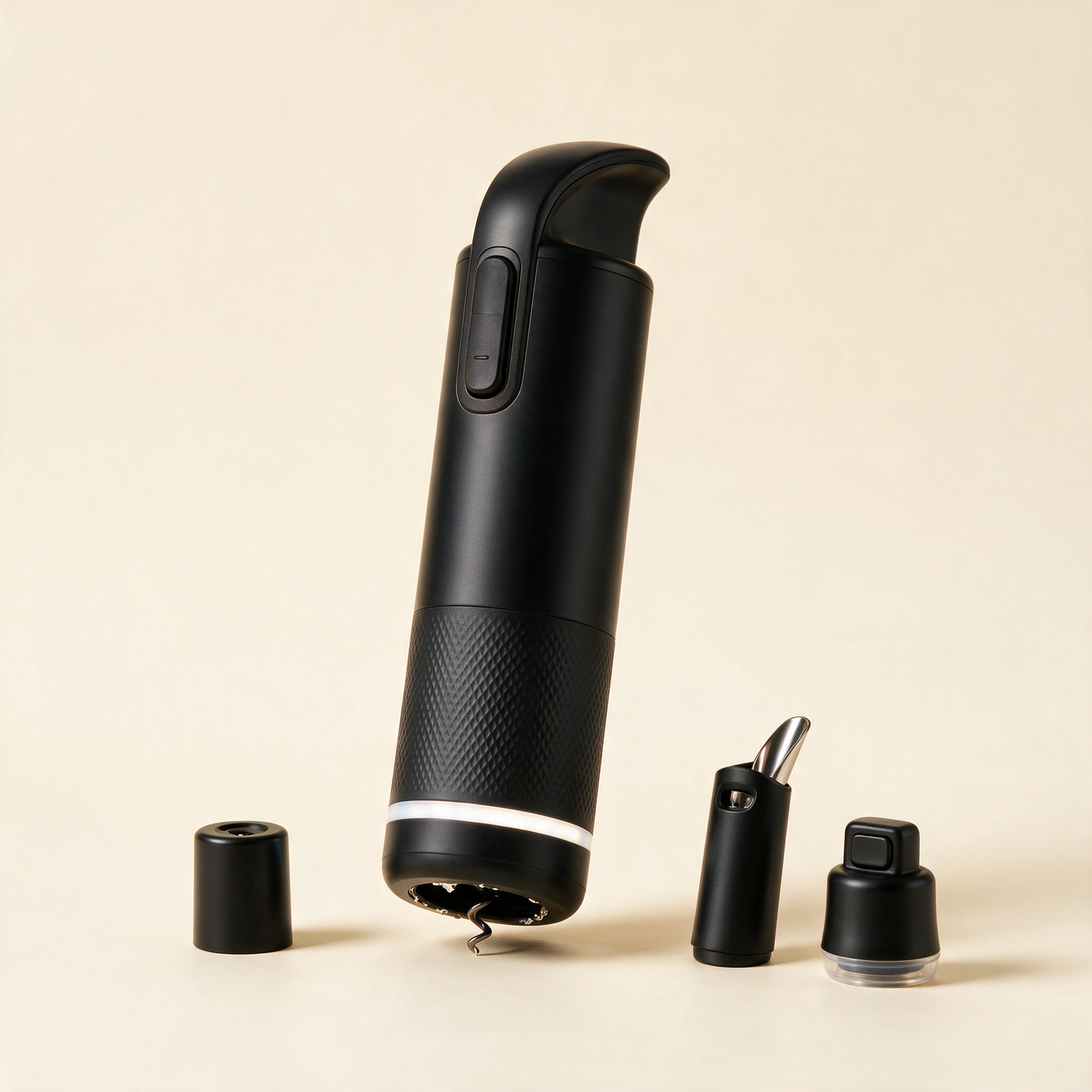 CorkPop black opener with foil cutter, pourer and stopper at an angle