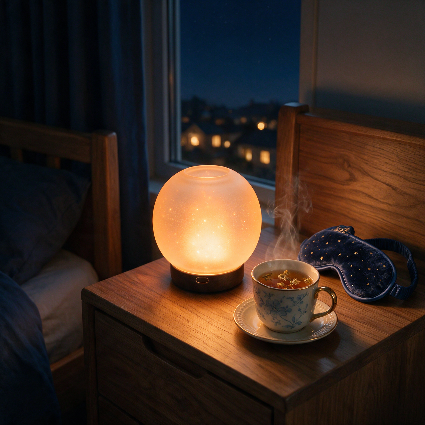 The Bedside lamp glowing warm on a nightstand with tea and sleep mask