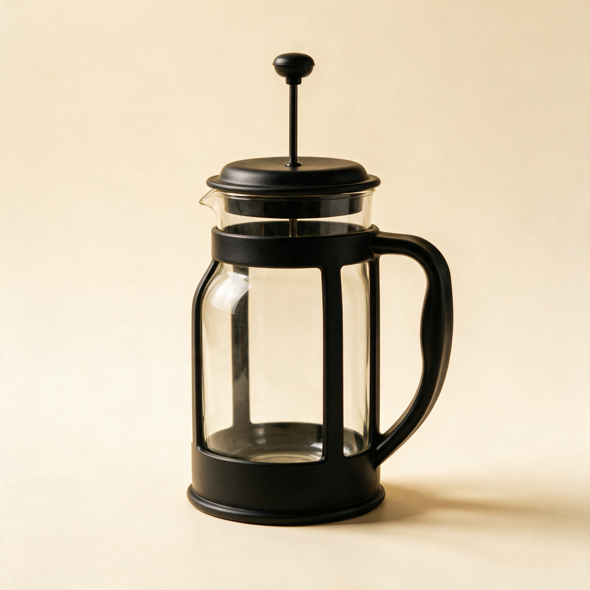 The Press empty cafetiere at an angle showing the black frame and handle