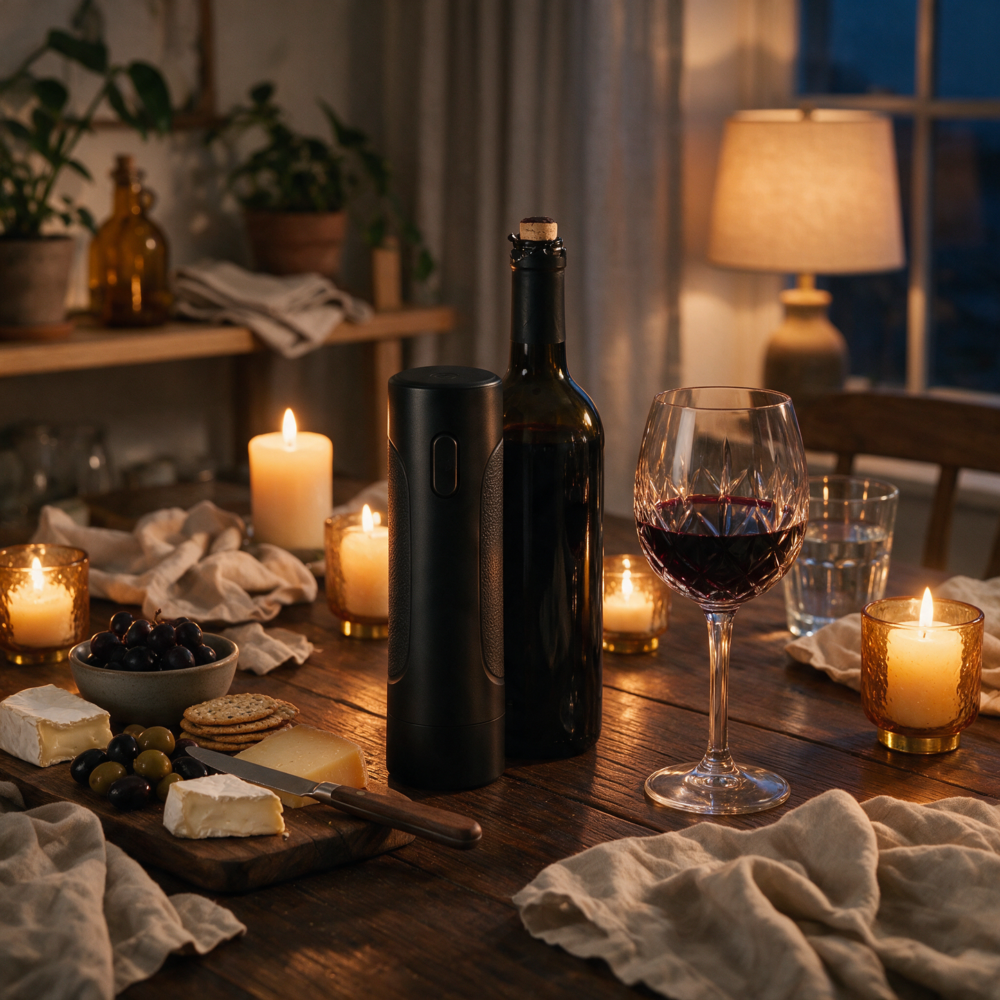 CorkPop opener on a dinner table with wine and cheese