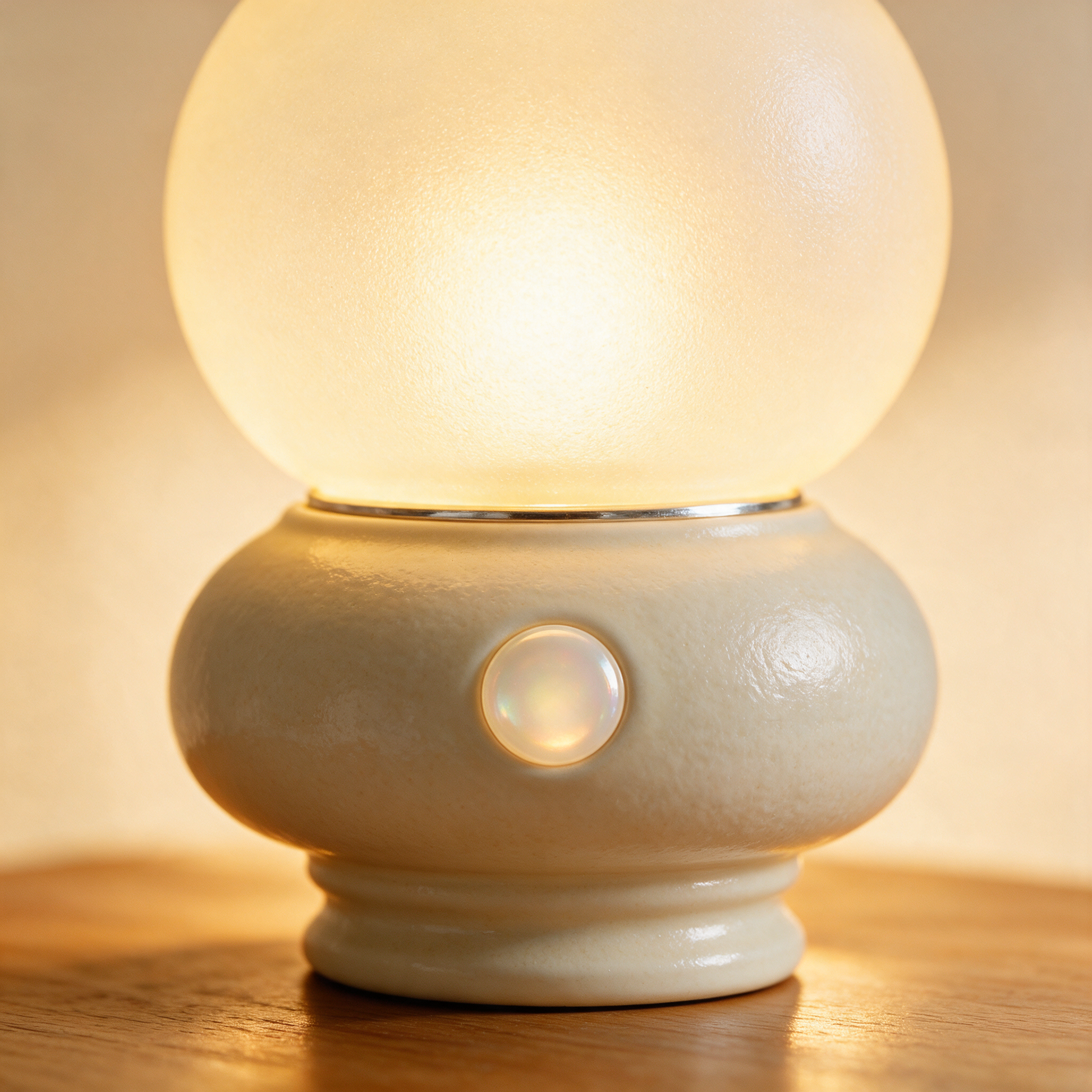 Close-up of The Bedside frosted glass globe glowing on its cream base