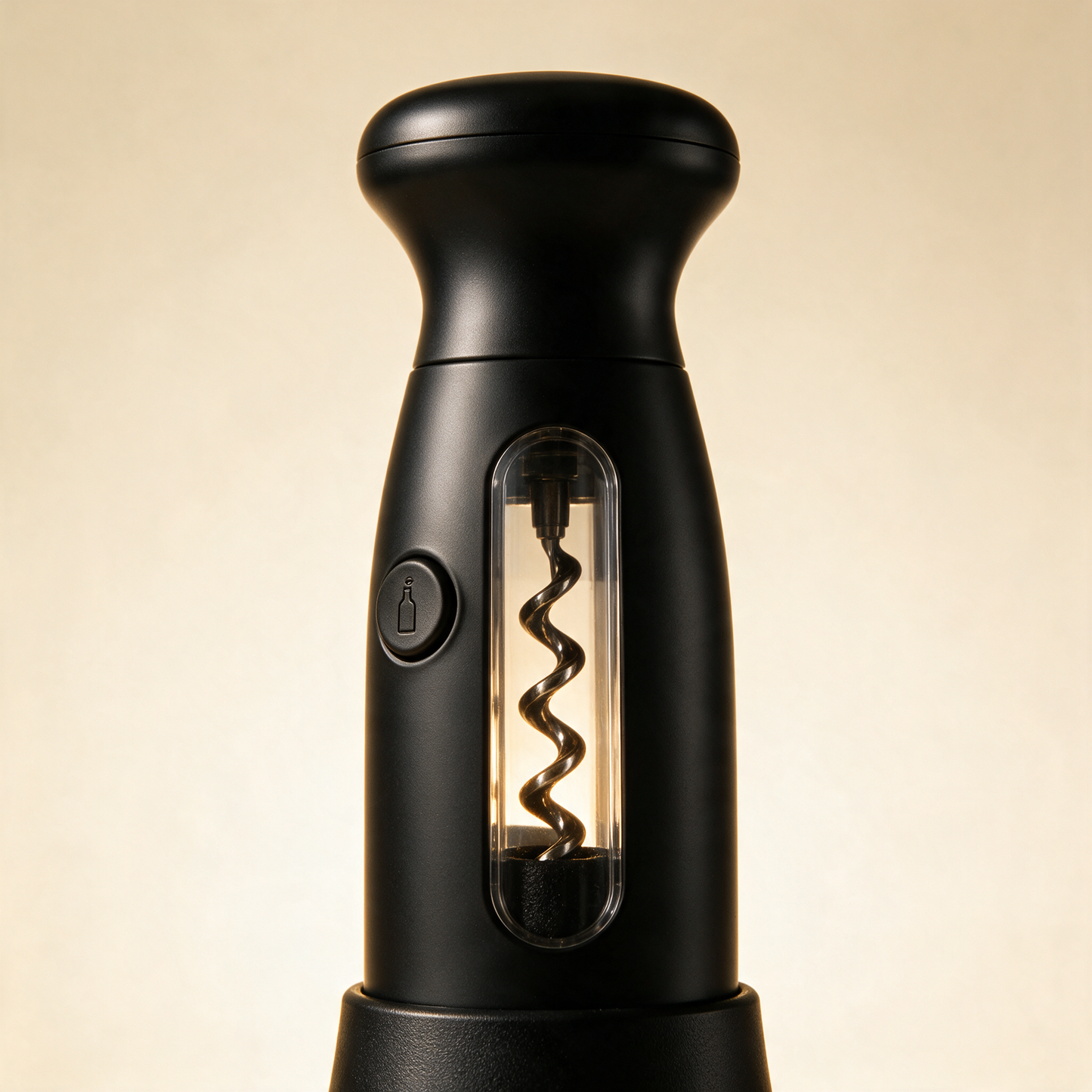 Close-up of the CorkPop matte black opener with corkscrew window