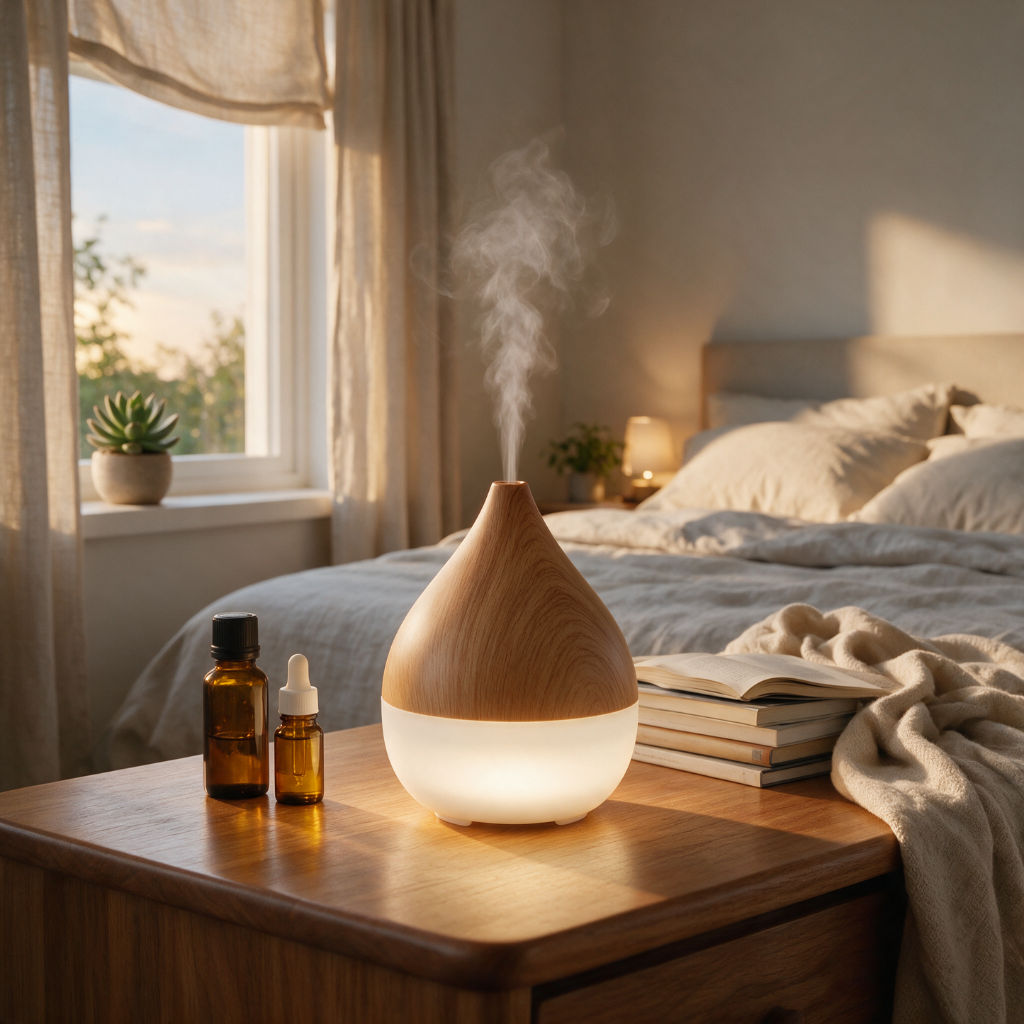 AromaCloud diffuser misting on a bedside table with oil bottles