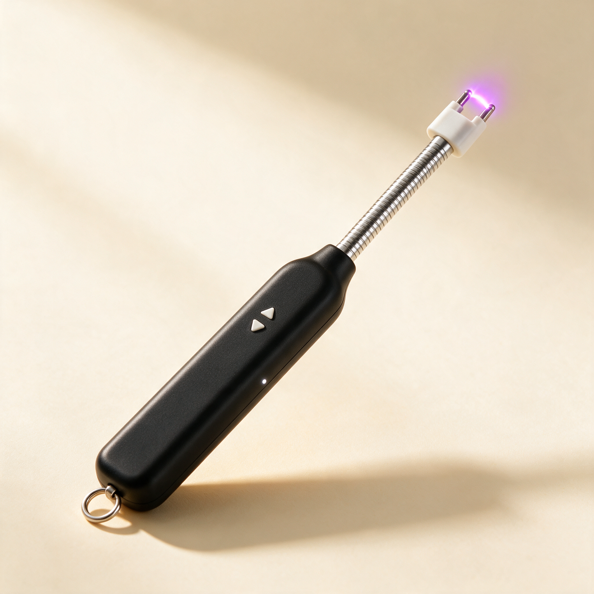 Close-up of the EverSpark silver flexible neck with purple plasma arc