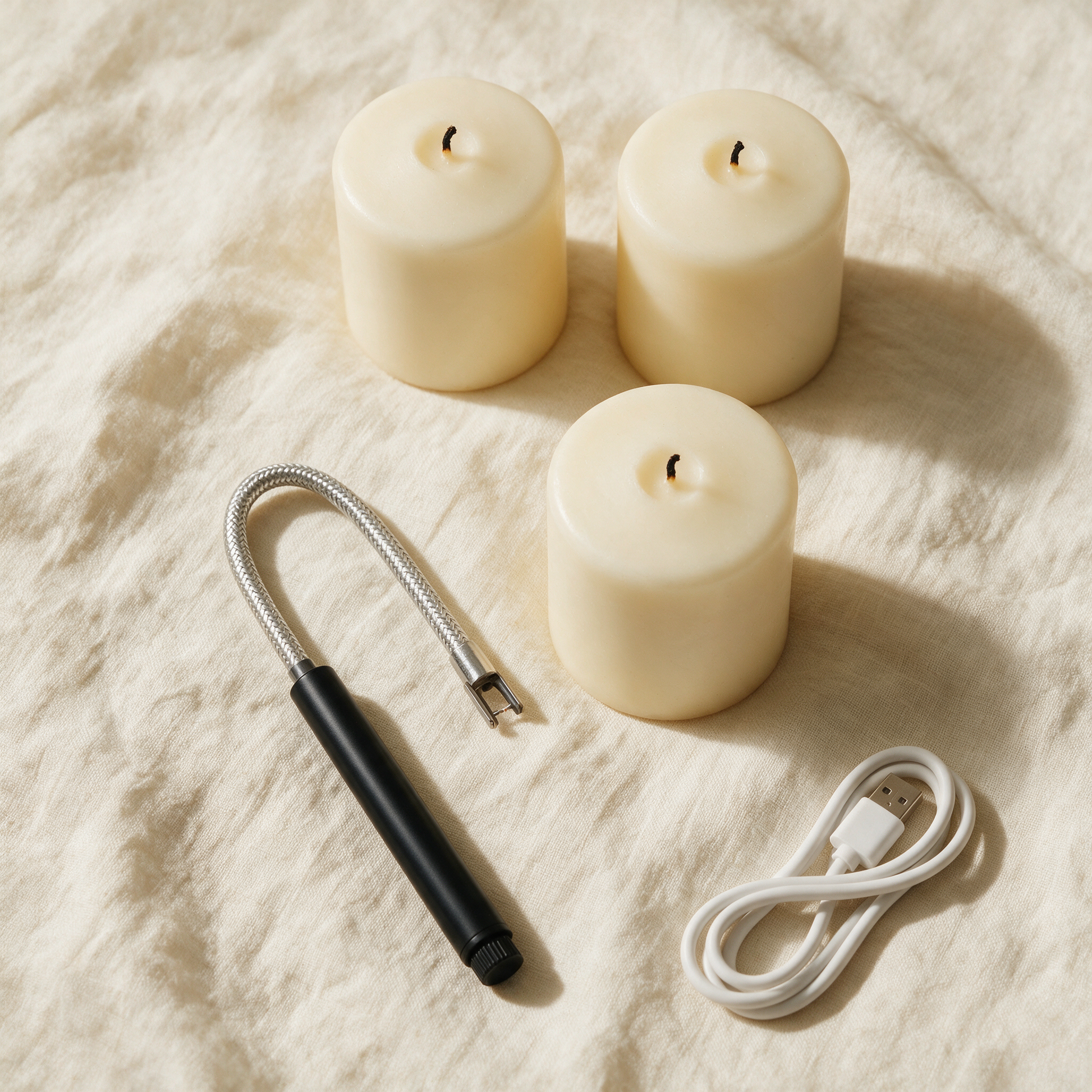 EverSpark lighter flat lay with candles and USB cable