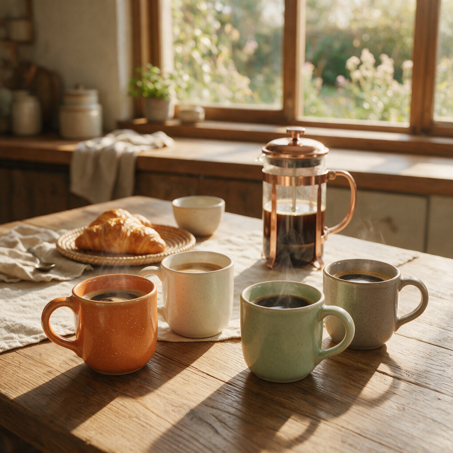 The Daily four mugs in terracotta, cream, sage and grey on a kitchen table