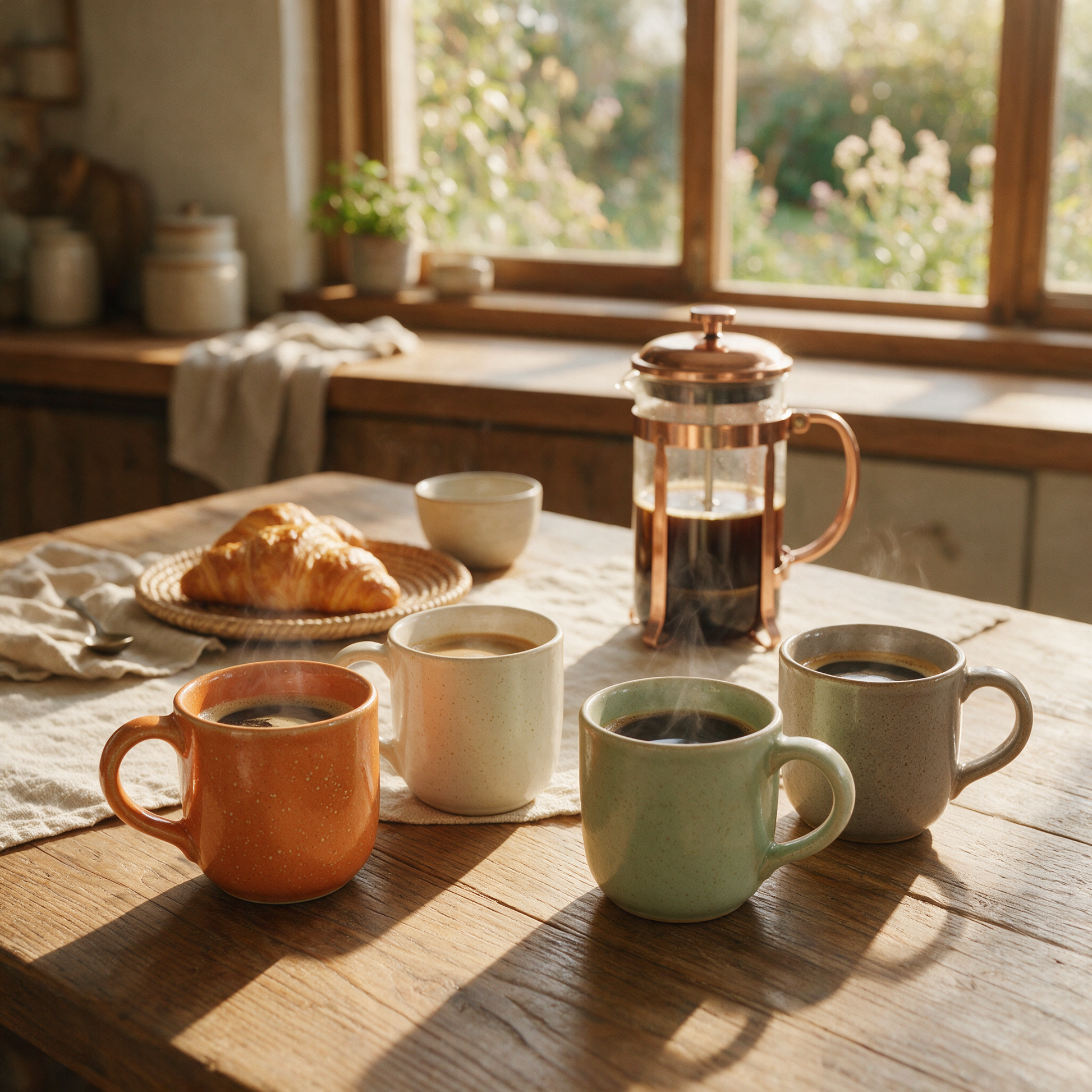 The Daily four mugs in terracotta, cream, sage and grey on a kitchen table