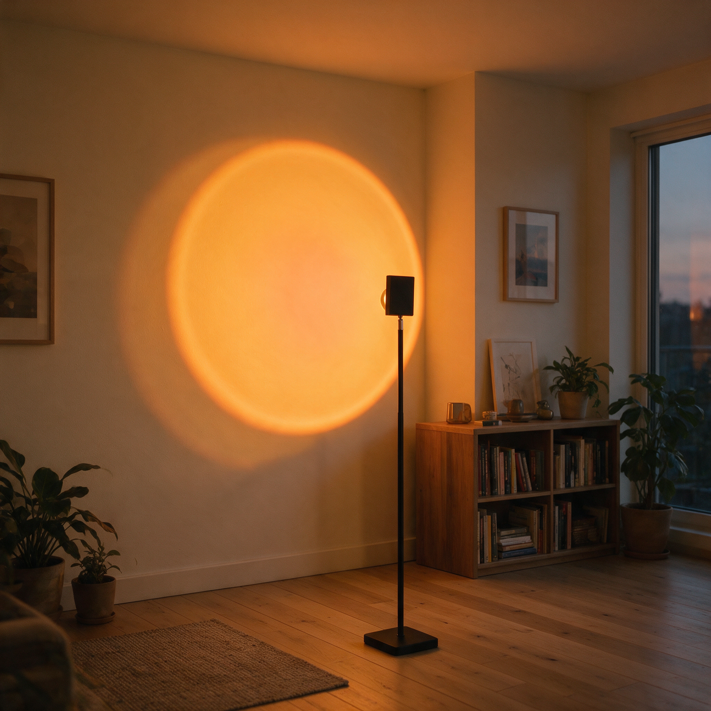 SunsetGlow lamp projecting a warm orange circle on a wall