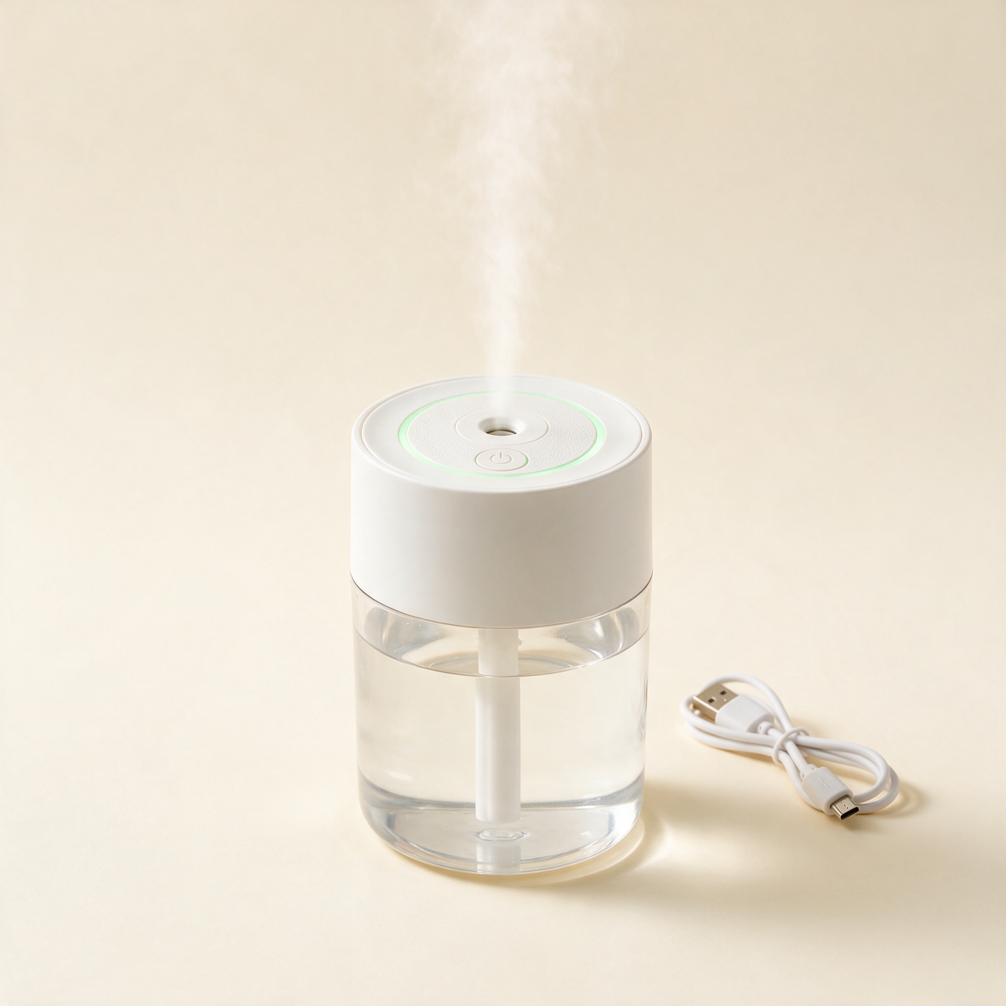 PureMist humidifier misting at an angle with USB cable