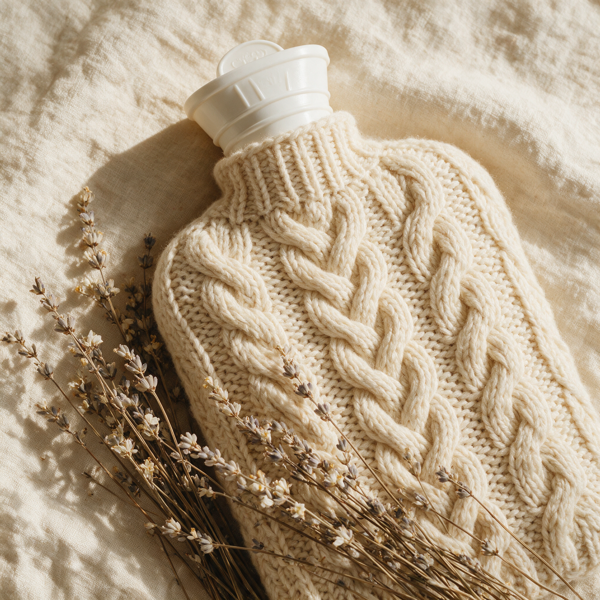SnugBottle flat lay with white cap and dried lavender