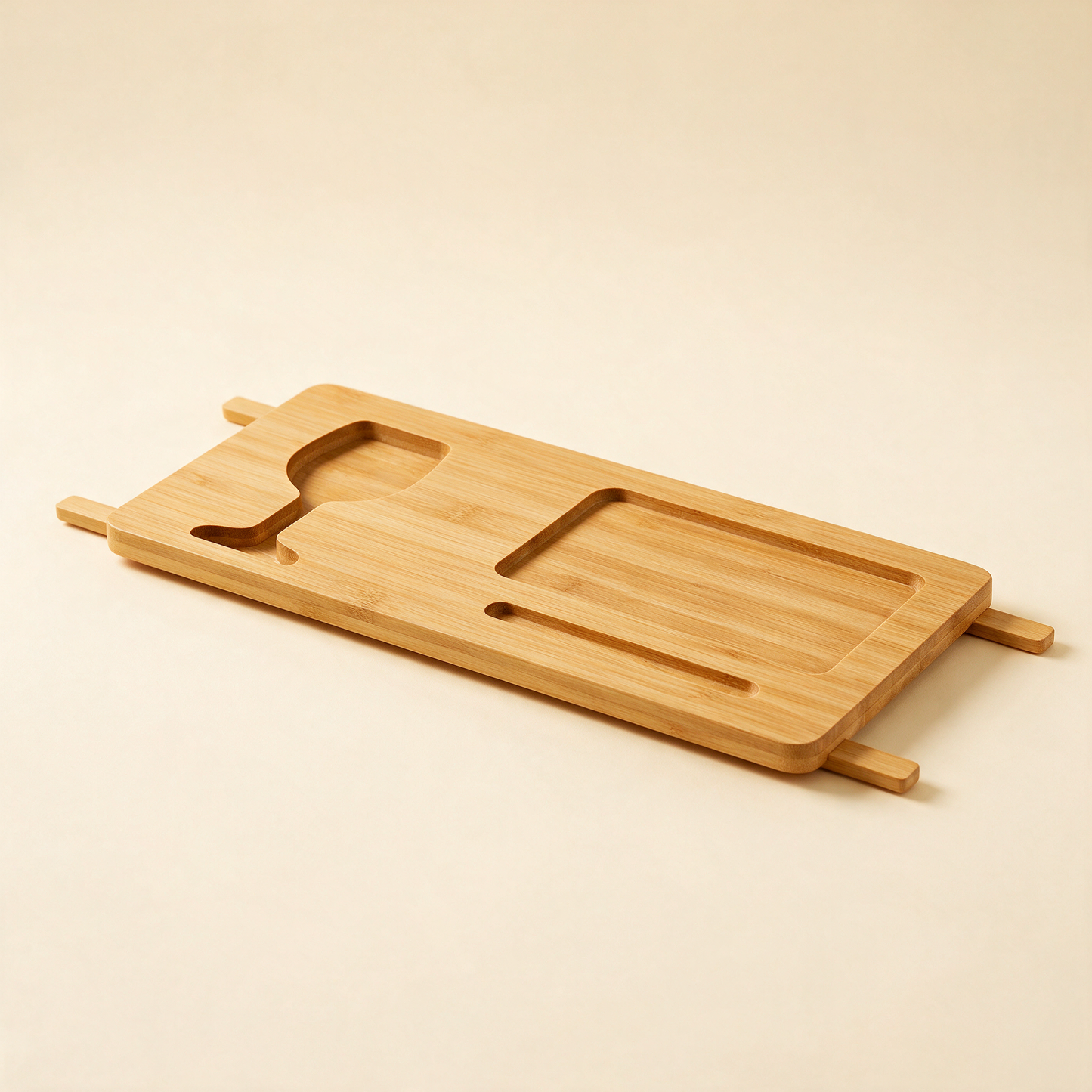 The Soak flat bamboo bath tray at an angle showing the routed slots