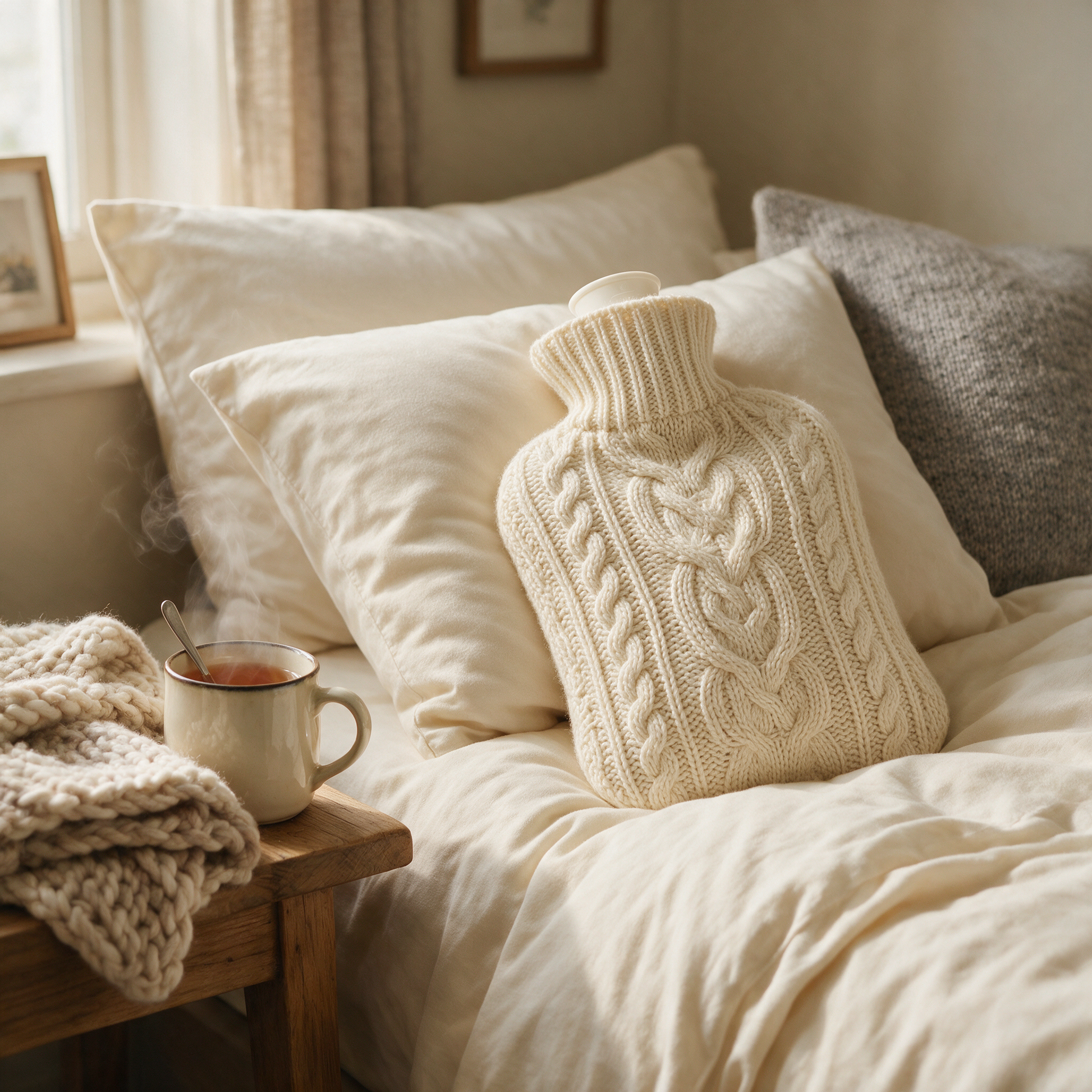 SnugBottle in cream cable knit cover with white cap on a made bed